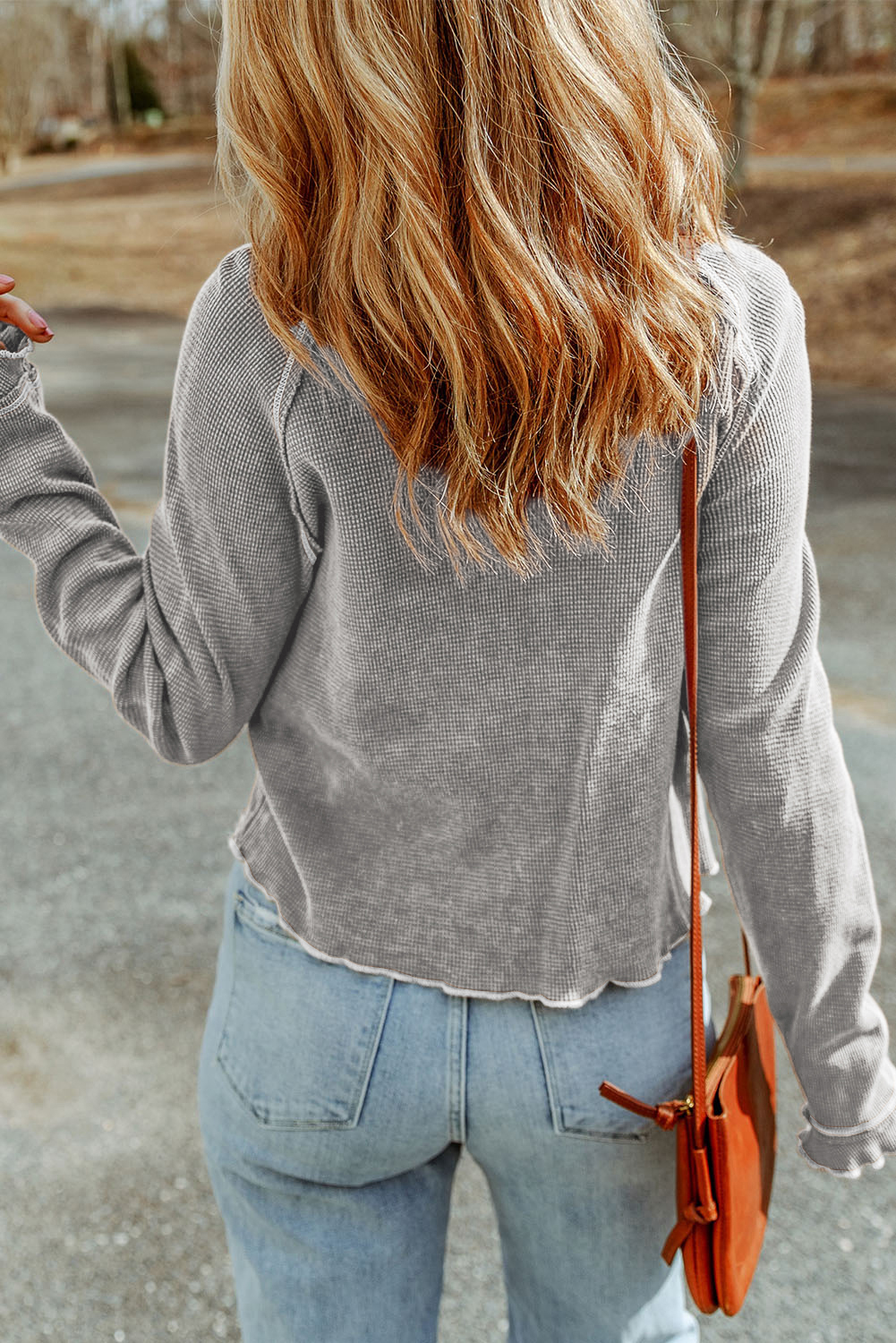 Smoke Gray Textured Round Neck Long Sleeve Top - loveforevers