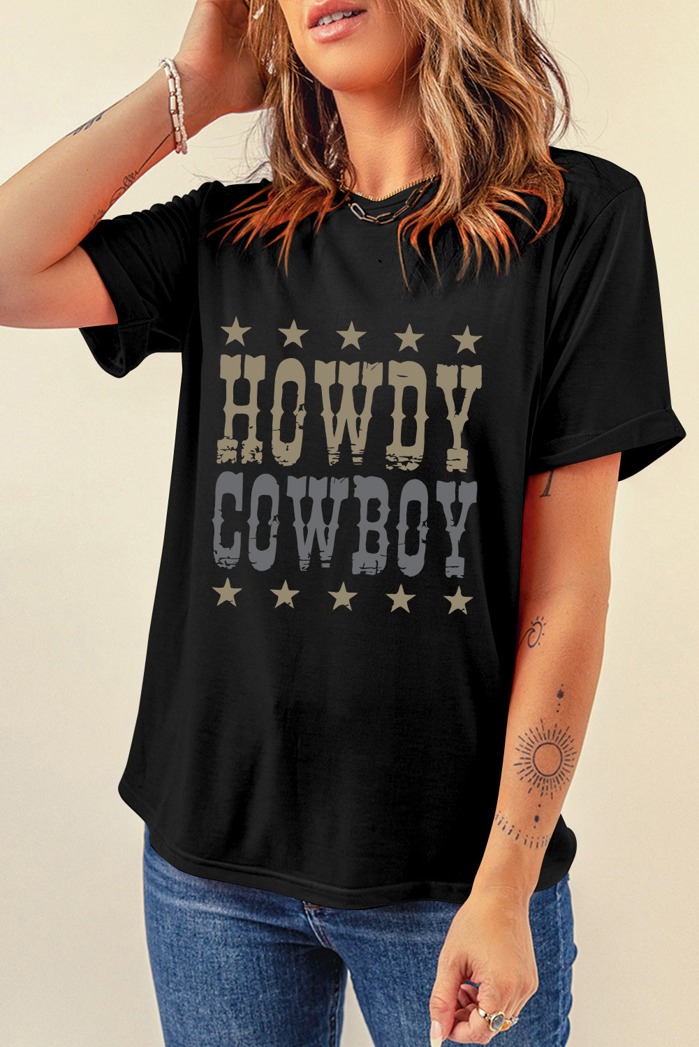 Black HOWDY COWBOY Star Print Crew Neck Loose T Shirt - loveforevers