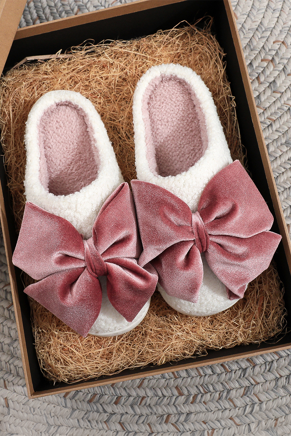 White Glister Ribbon Bow Decor Contrast Liner Plush Slippers - loveforevers