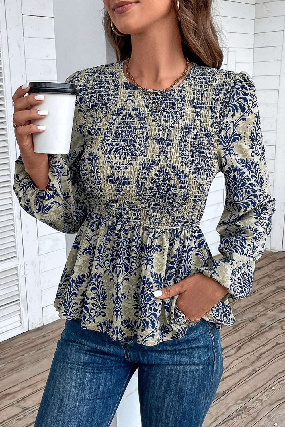 Sky Blue Boho Printed Balloon Sleeve Smocked Peplum Blouse - loveforevers