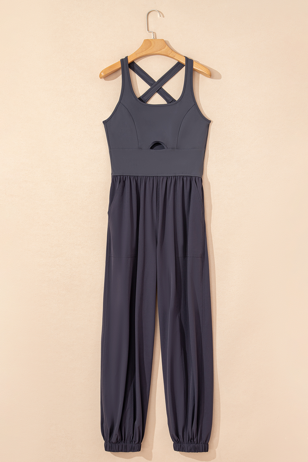 Carbon Grey Back Crossed Straps Hollow Out Jogger Jumpsuit - loveforevers