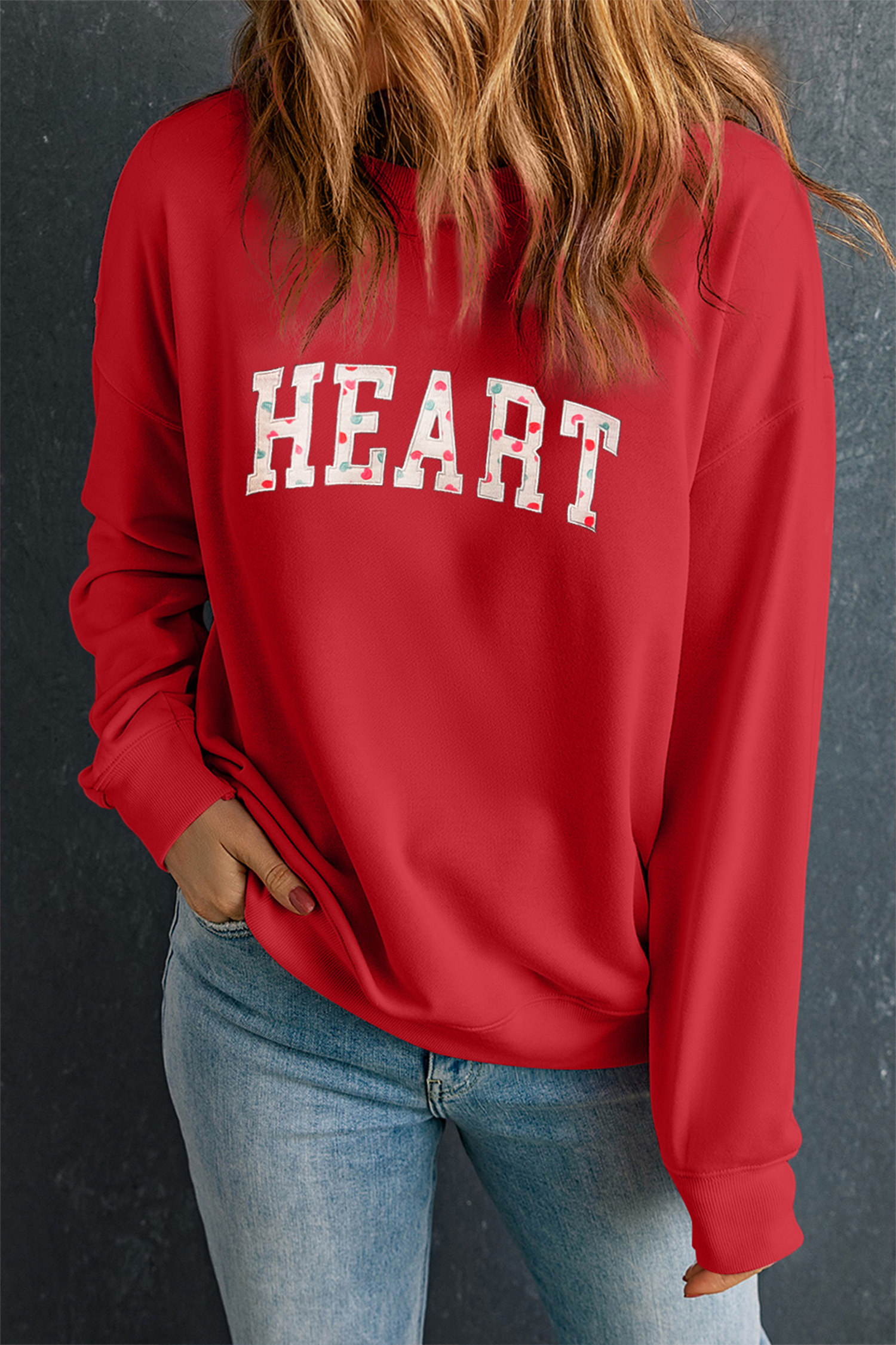 Red HEART Embroidered Patched Graphic Valentine Sweatshirt - loveforevers