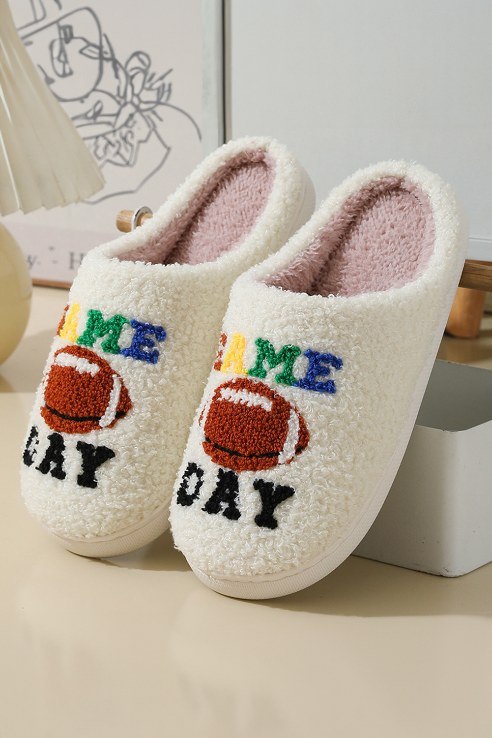 White GAME DAY Rugby Football Plush Slippers - loveforevers