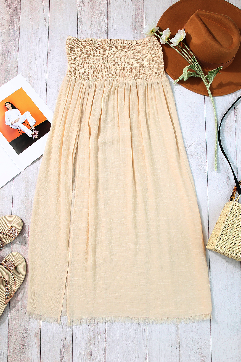 Beige Shirred High Waist Split Long Beach Skirt - loveforevers