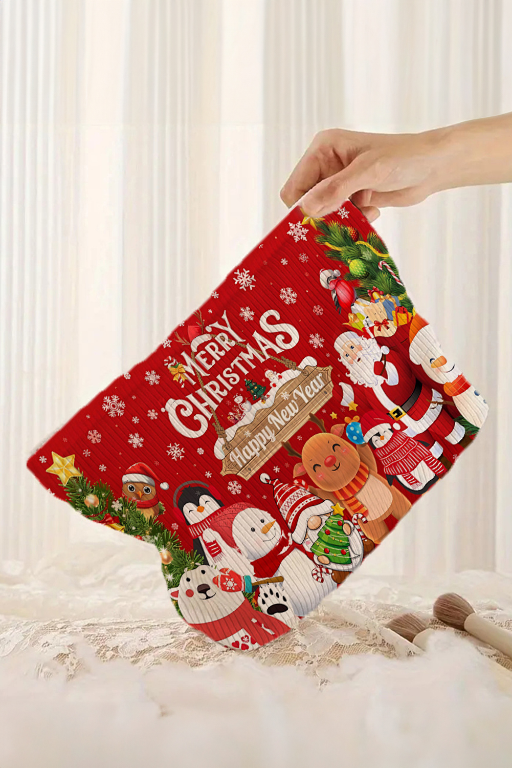 Fiery Red MERRY CHRISTMAS Happy New Year Corduroy Cosmetic Bag - loveforevers