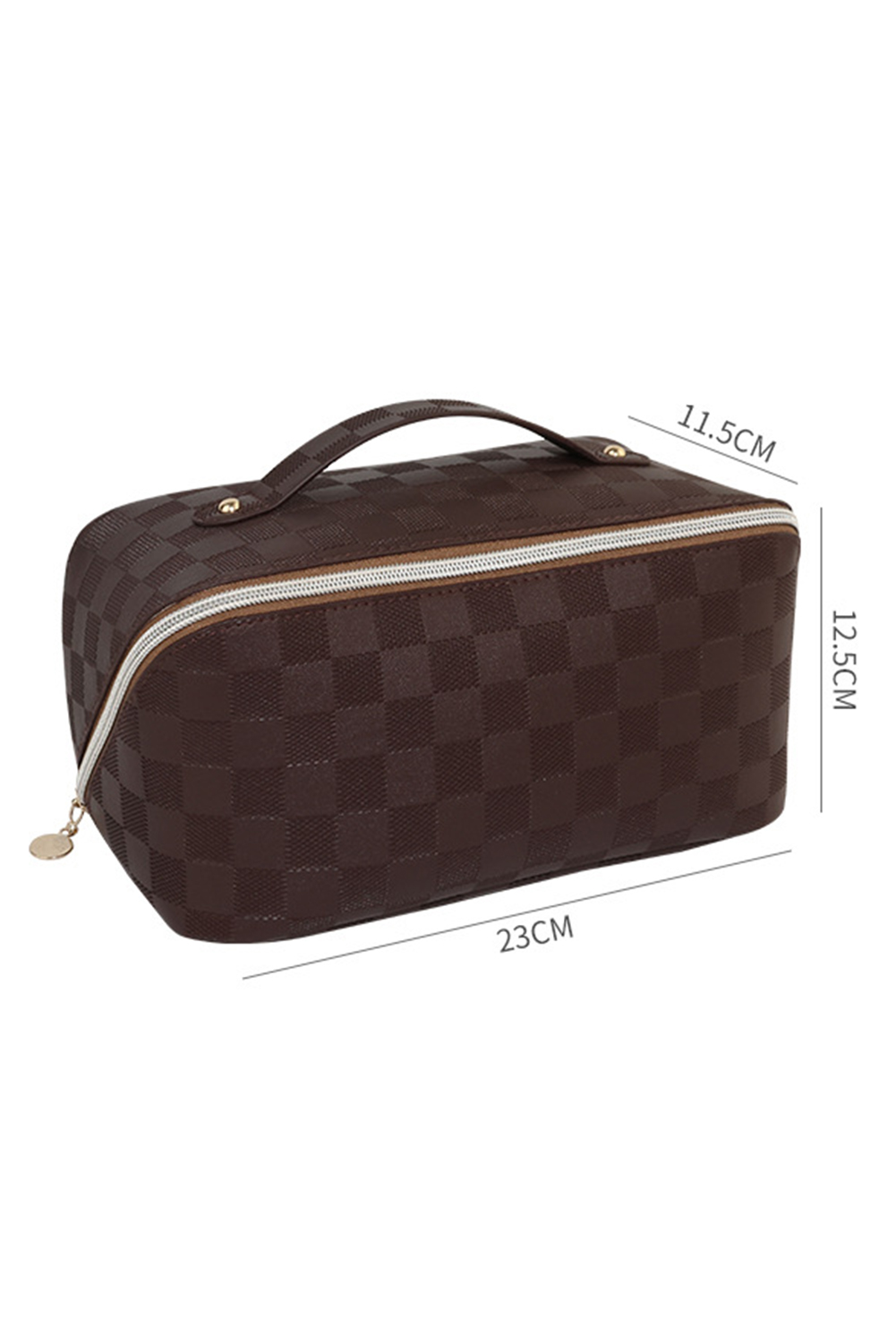 Chestnut Checkered Zipper Handle PU Leather Travel Makeup Bag - loveforevers