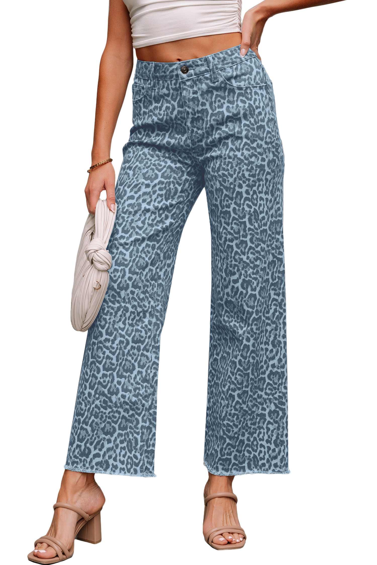 Rose Leopard Frayed Edge Wide Leg High Waist Jeans - loveforevers