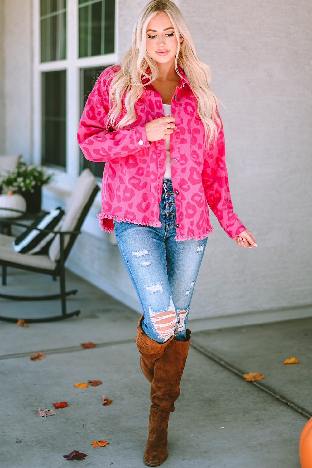 Pink Leopard Print Button Cuffs Raw Hem Jacket - loveforevers