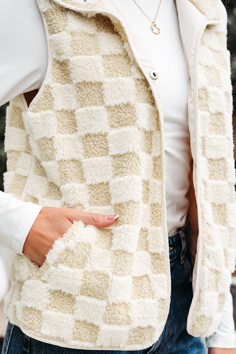 Khaki Sherpa Checkerboard Snap Button Vest Jacket With Pocket - loveforevers