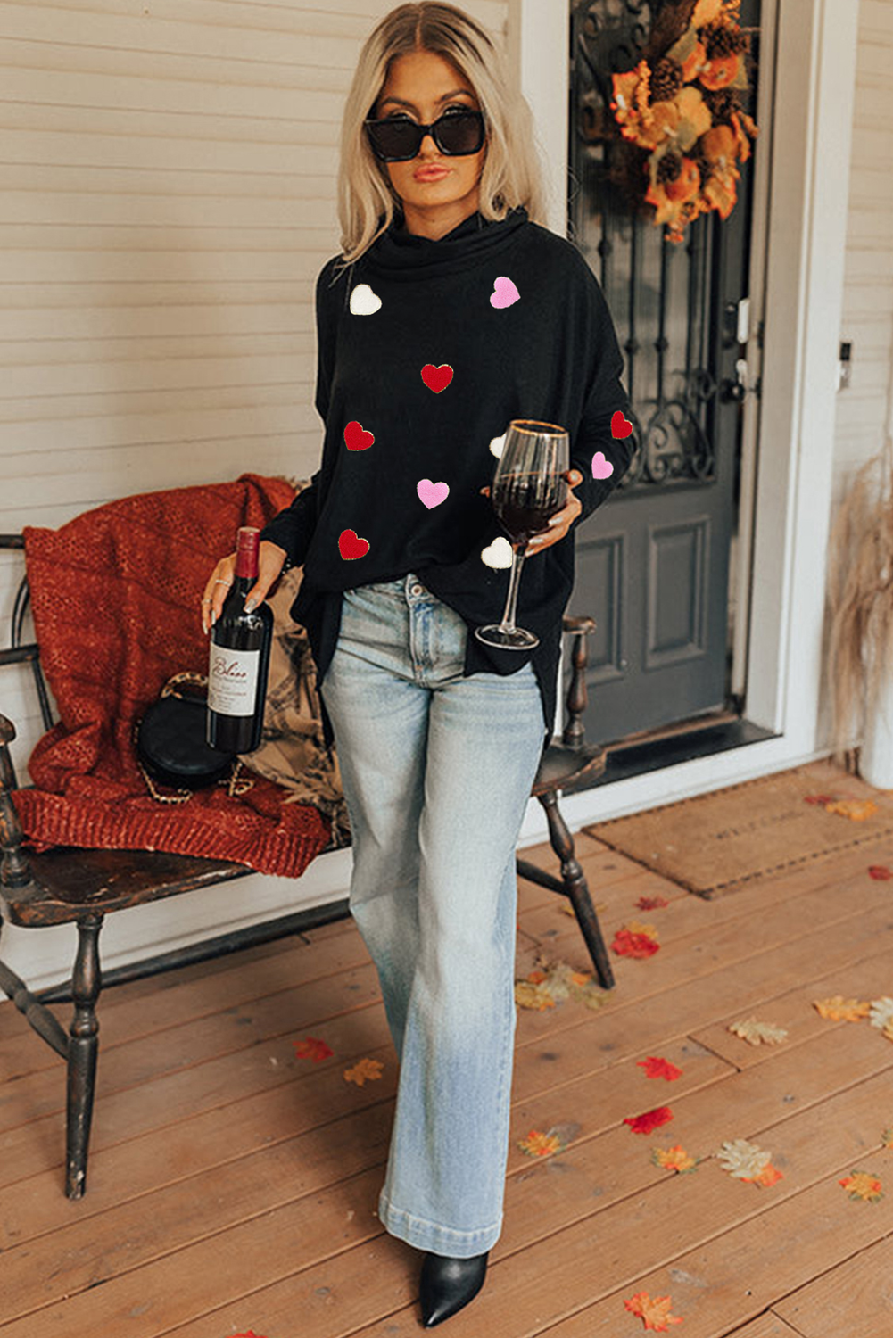 Black Valentines Chenille Heart Patched Dolman Sleeve High Neck Split Top - loveforevers