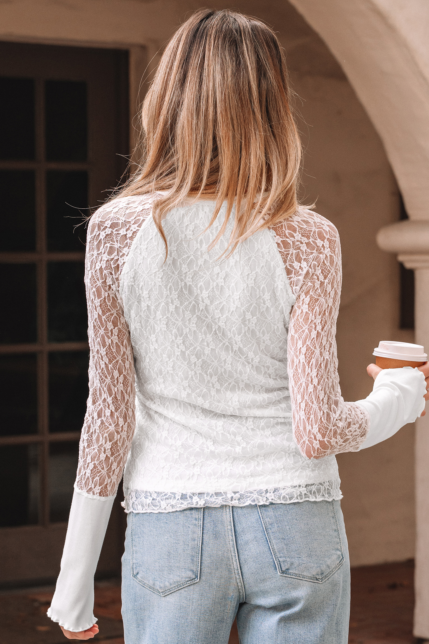 White Sheer Lace Long Sleeve Slim Henley Top - loveforevers