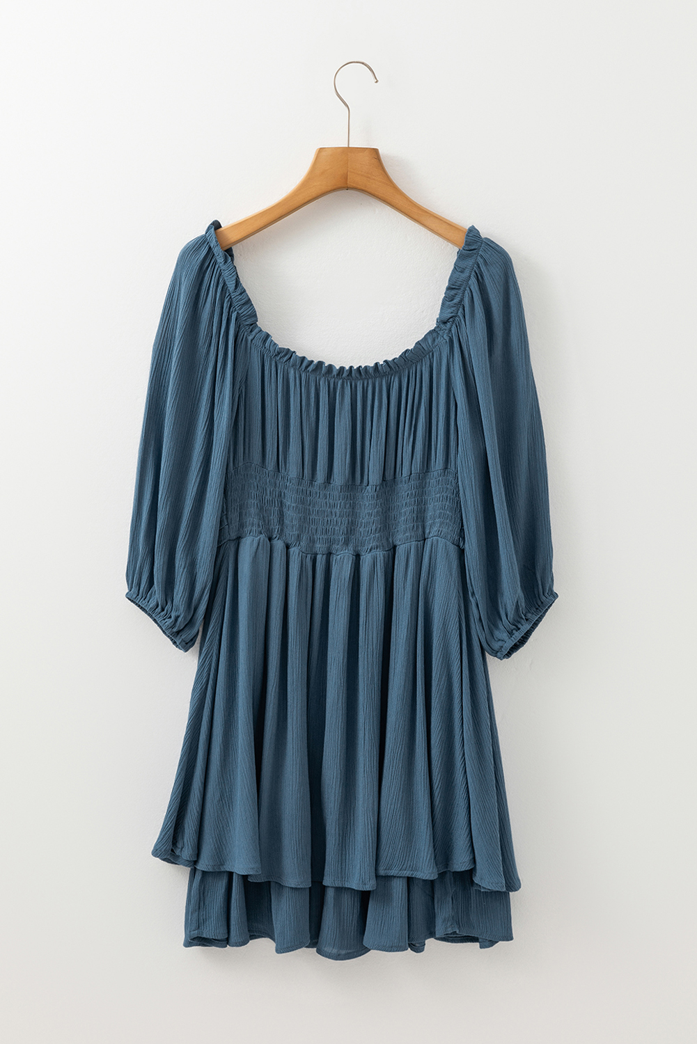 Real Teal Frilled Neckline 3/4 Sleeve Layered Ruched Mini Dress - loveforevers