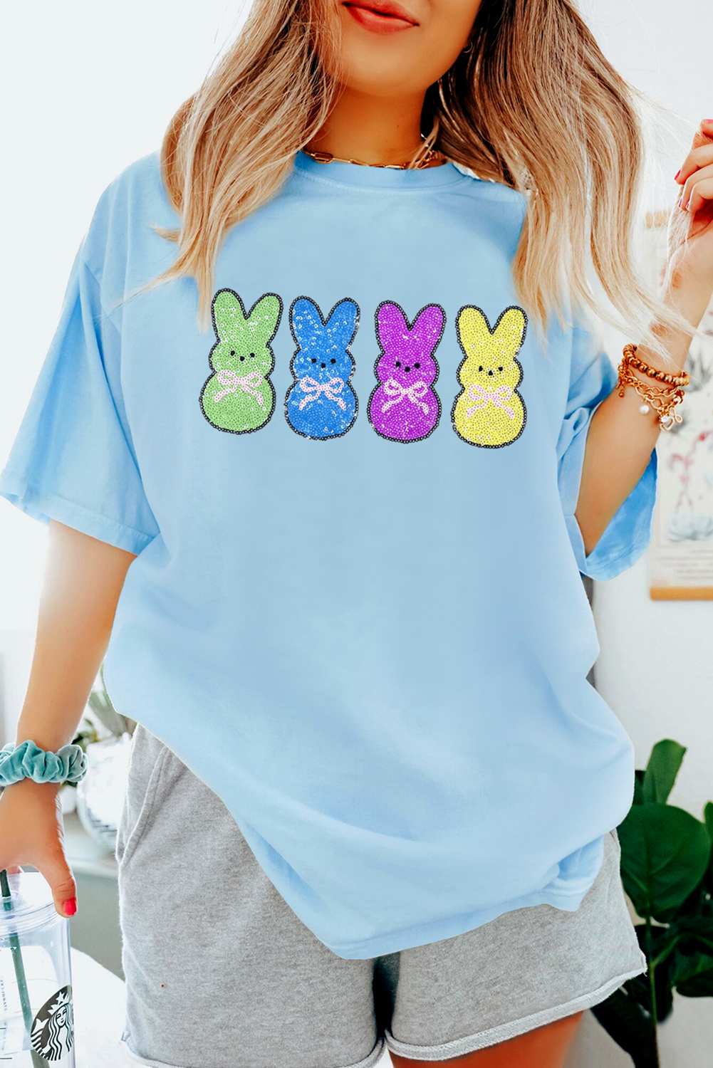 Light Blue Sequin Bunny Doll Graphic Casual T Shirt - loveforevers