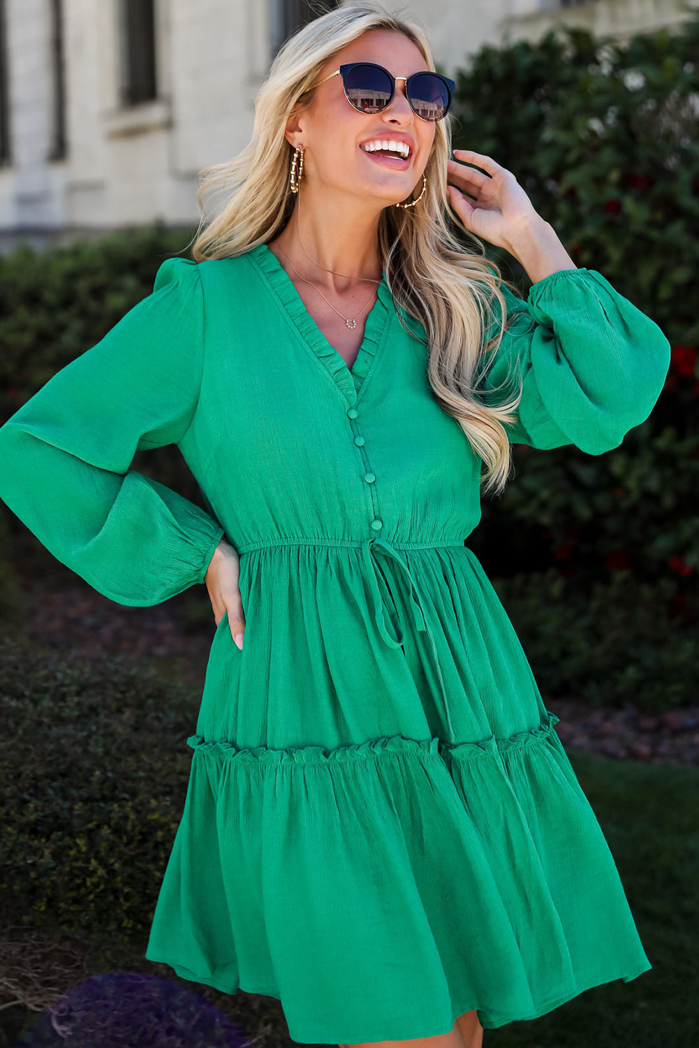 Sea Green Frilly V Neck Puff Sleeve Drawstring Shift Mini Dress - loveforevers