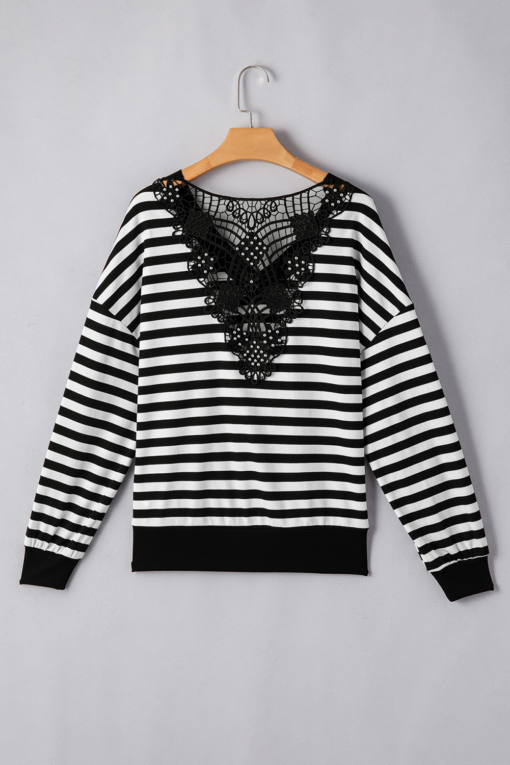 Black Stripe Crochet Hollow-out Back Buttoned Shoulder V Neck Top - loveforevers