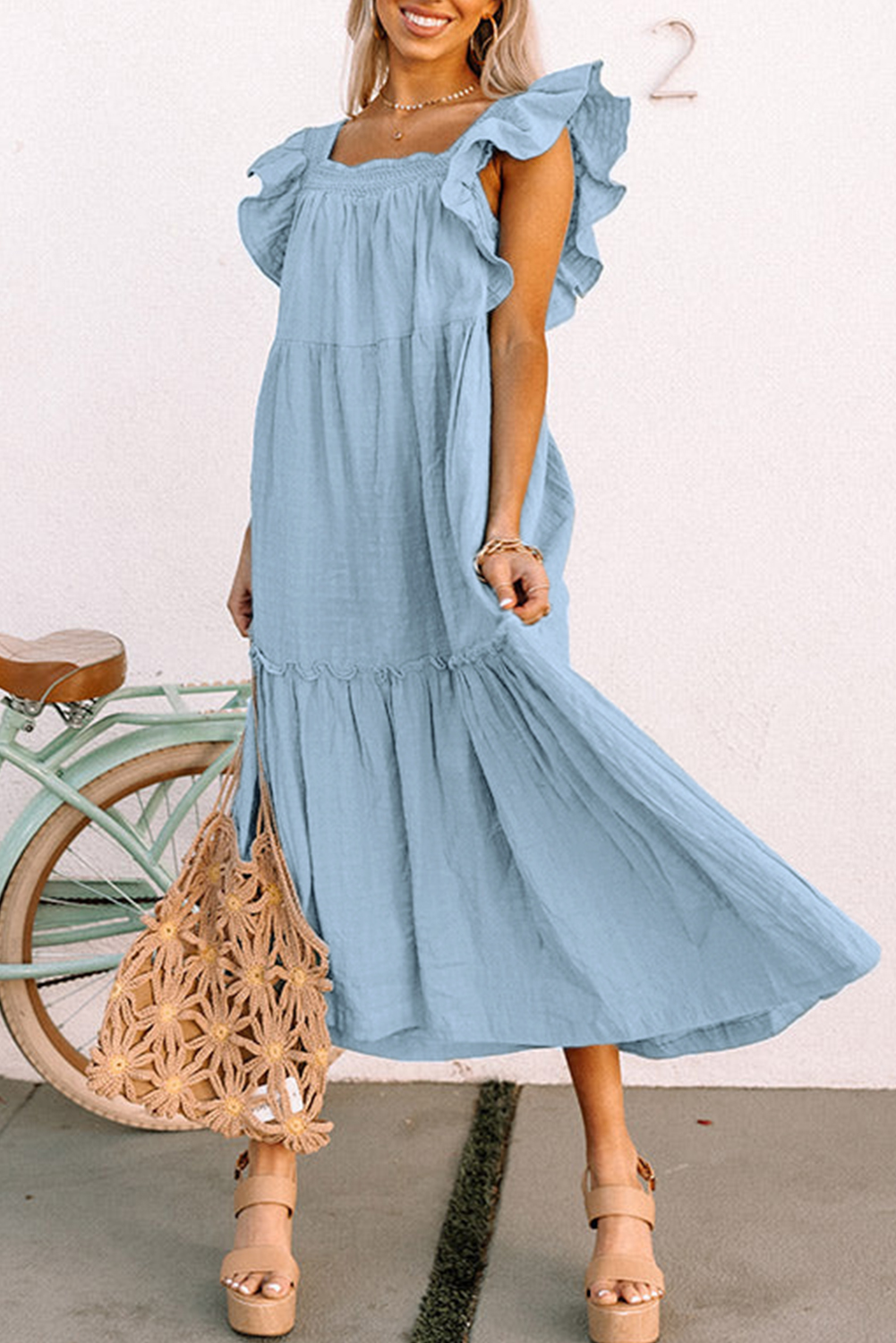 Sky Blue Ruffled Flutter Sleeve Square Neck Textured Tiered Maxi Dress - loveforevers