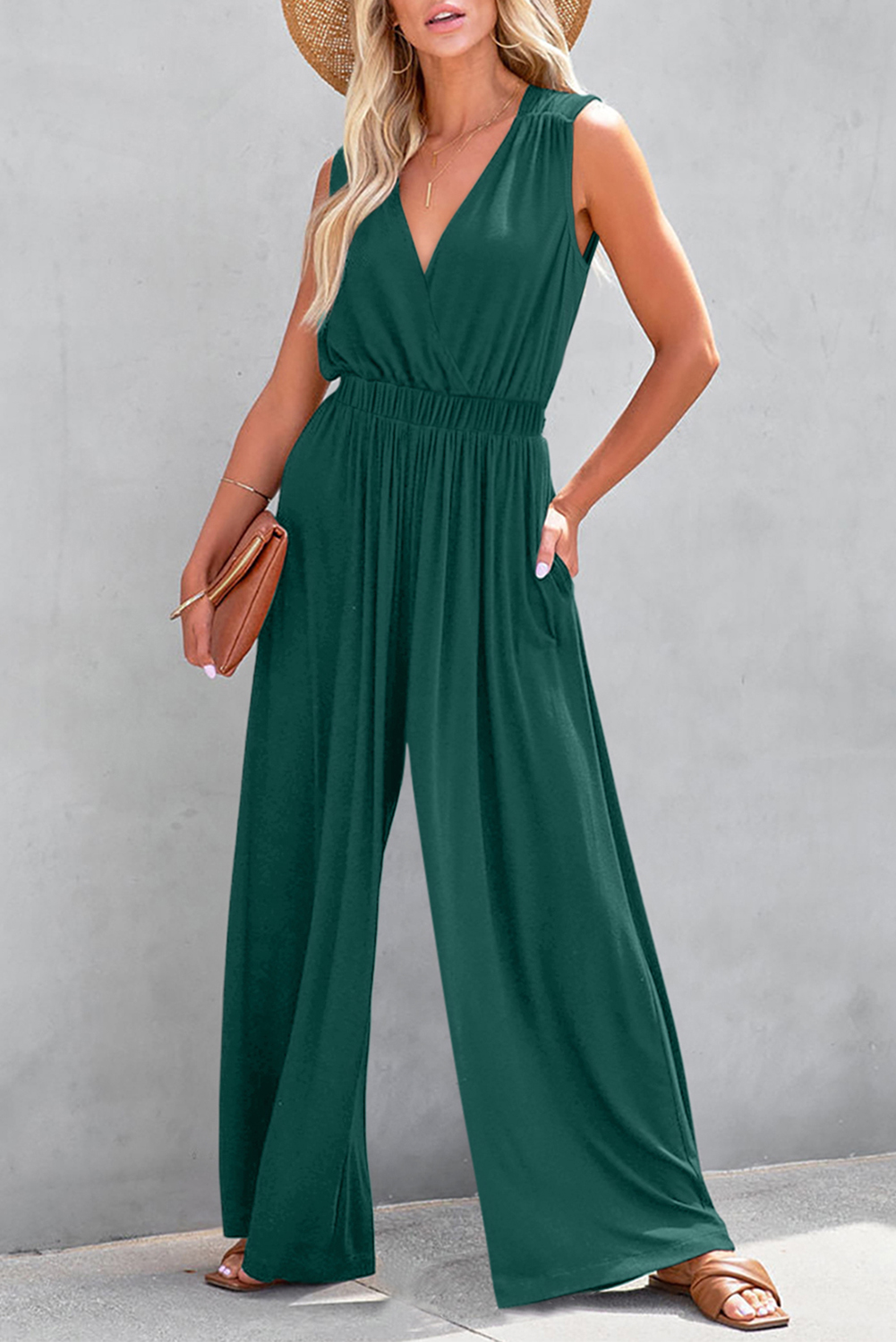 Black Deep V Pleated Crisscross Wide Leg Backless Jumpsuit - loveforevers