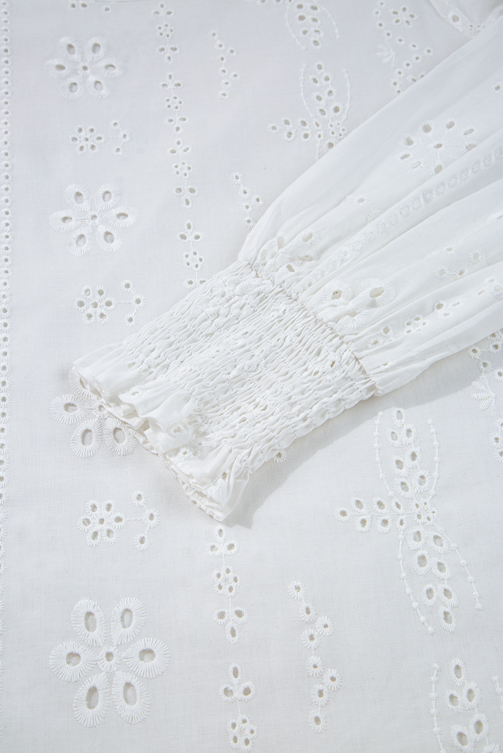 White Eyelet Embroidered Smocked Cuff Sheer Blouse - loveforevers