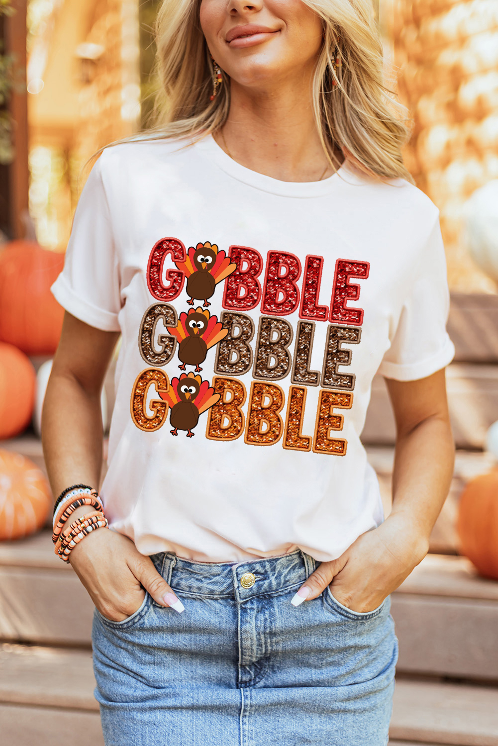 White GOBBLE Thanksgiving Turkey Print T Shirt - loveforevers