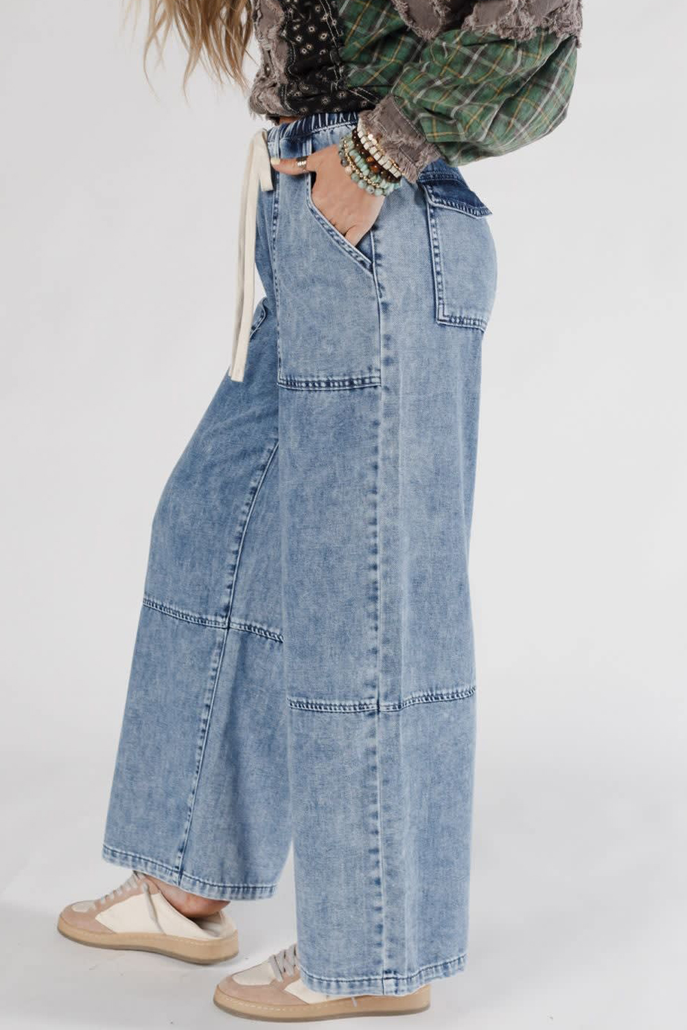 Ashleigh Blue Acid Wash Exposed Seam Drawstring Elastic Waistband Jeans - loveforevers