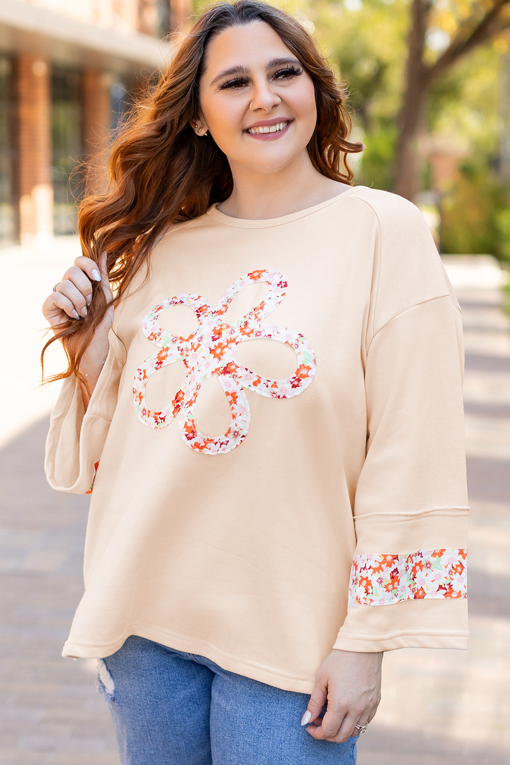 Beige Flower Patch Graphic Exposed Seam Wide Sleeve Top - loveforevers