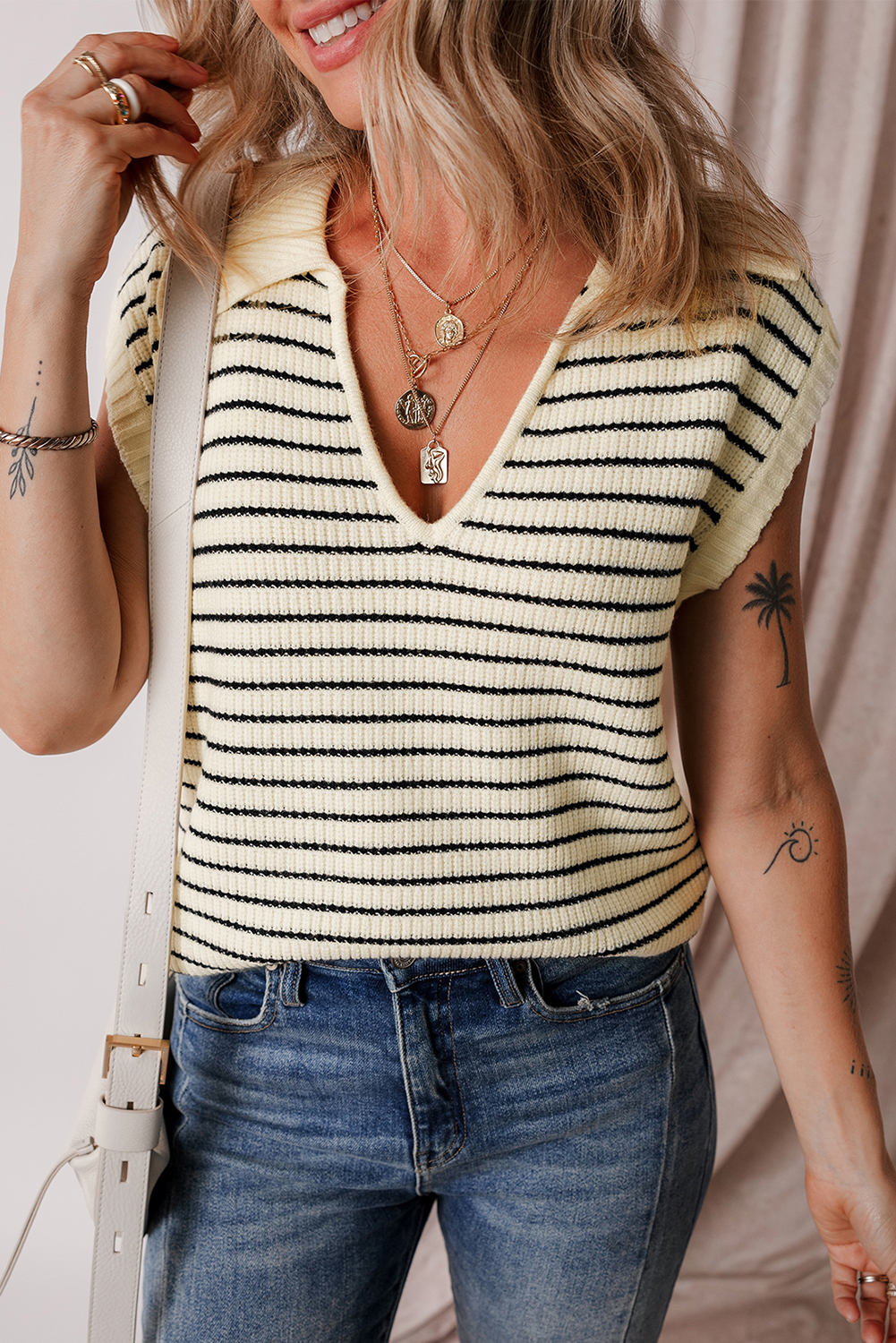 Beige Stripe Turn-down V Neck Sweater Tank Top - loveforevers