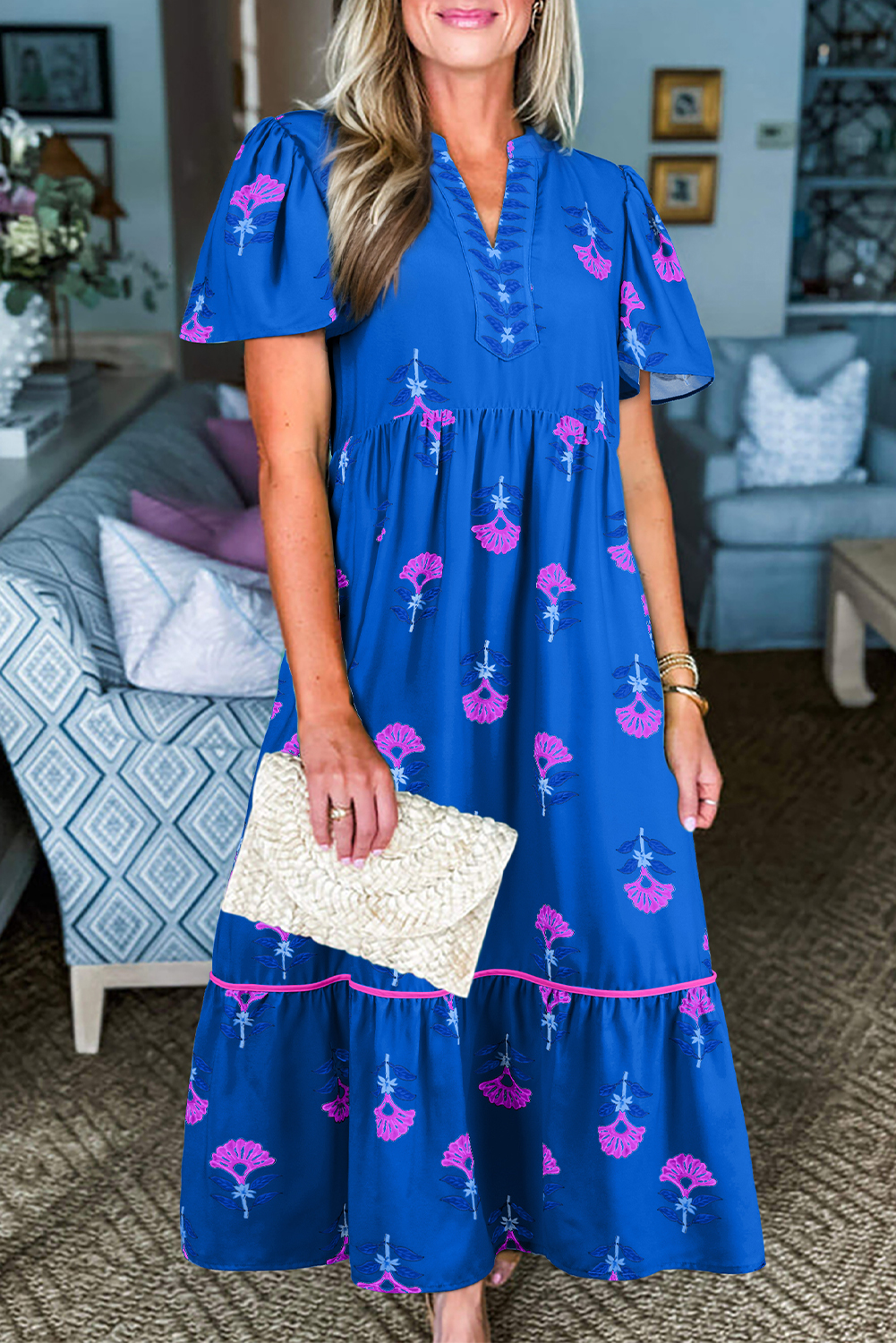 Blue Floral Print Notched Neck Butterfly Sleeve Shift Long Dress - loveforevers