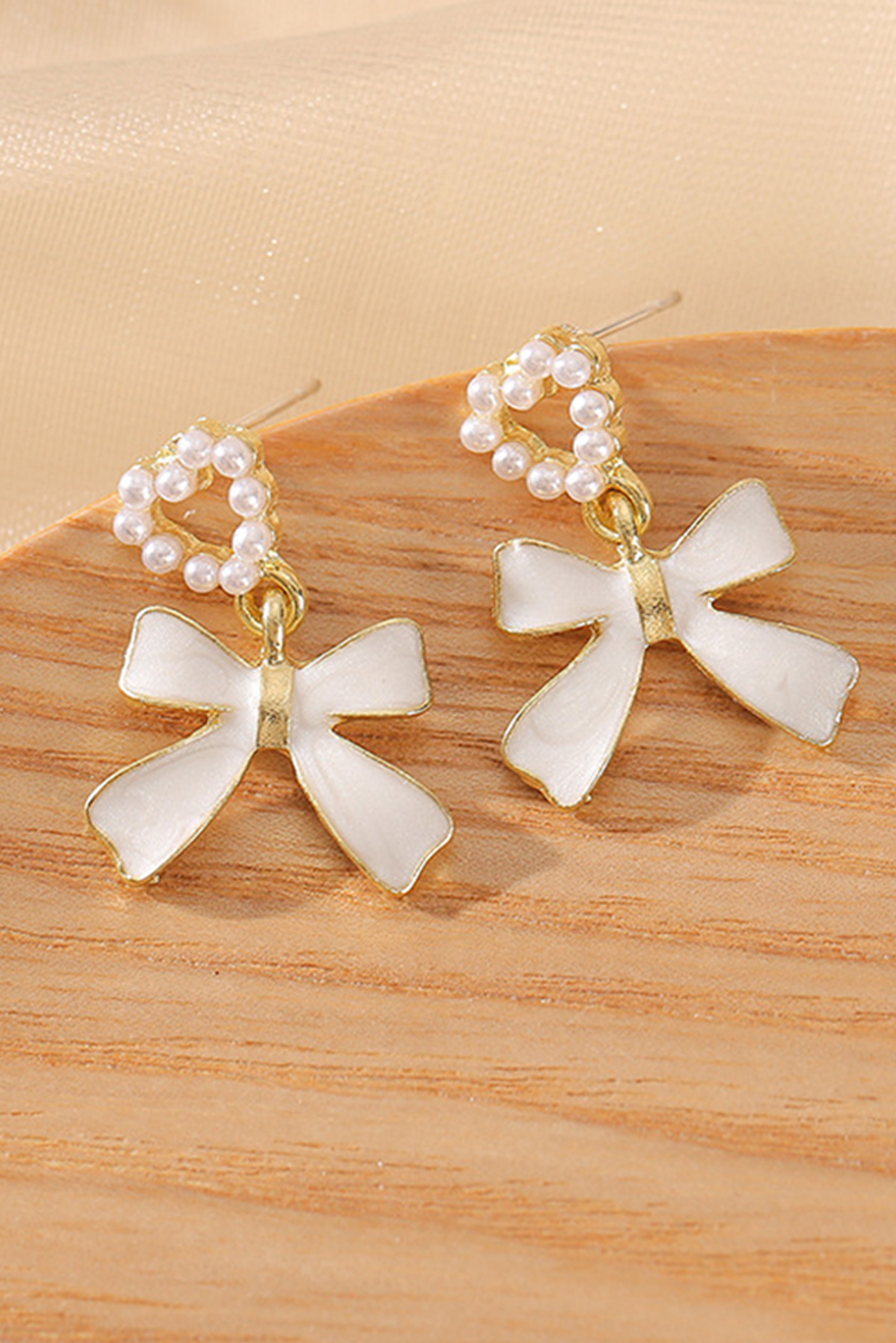 Gold Pearled Heart Shape Bow Knot Dangle Earrings - loveforevers