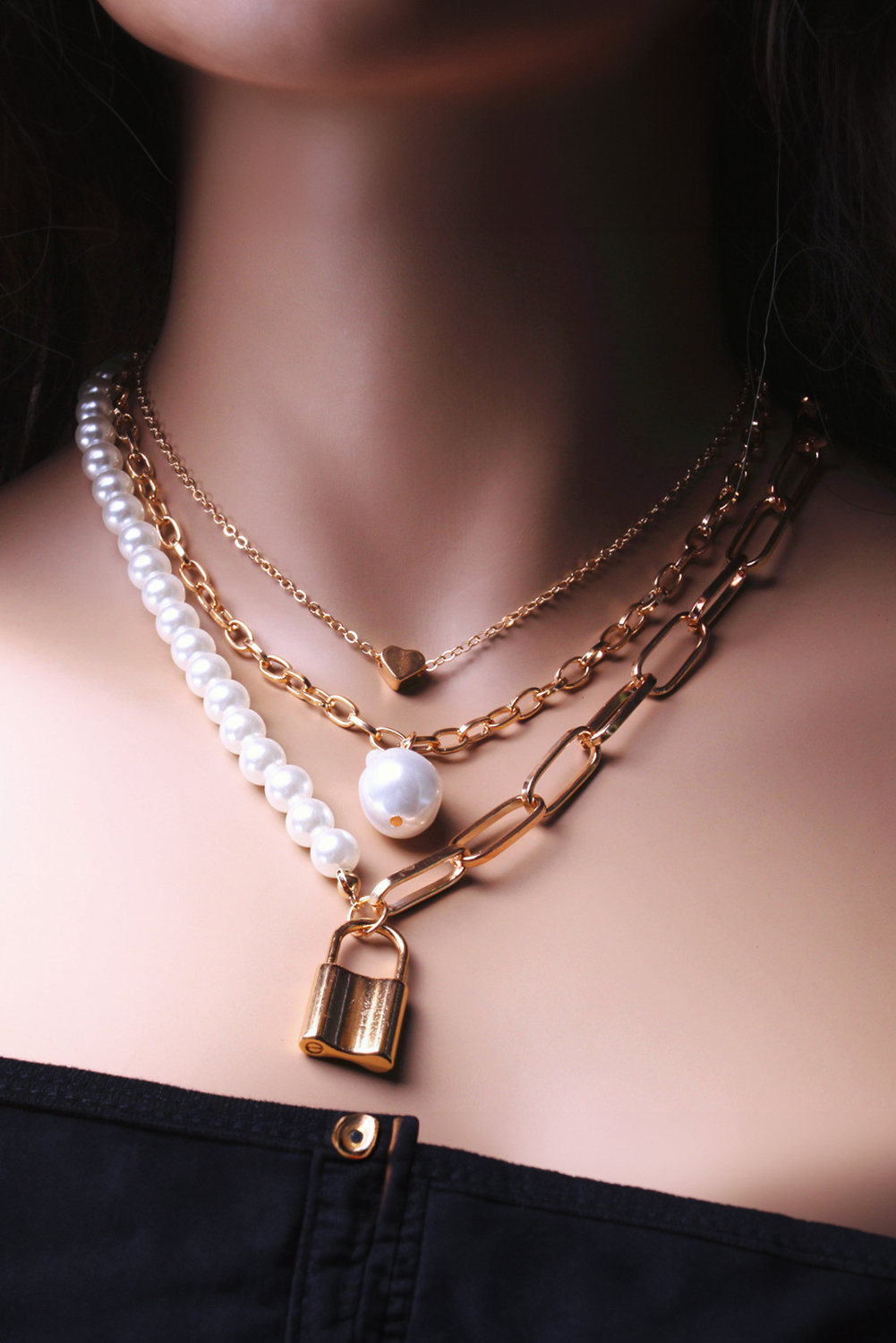 Gold Plated Heart Lock Baroque Pearl Multi Layer Necklace - loveforevers
