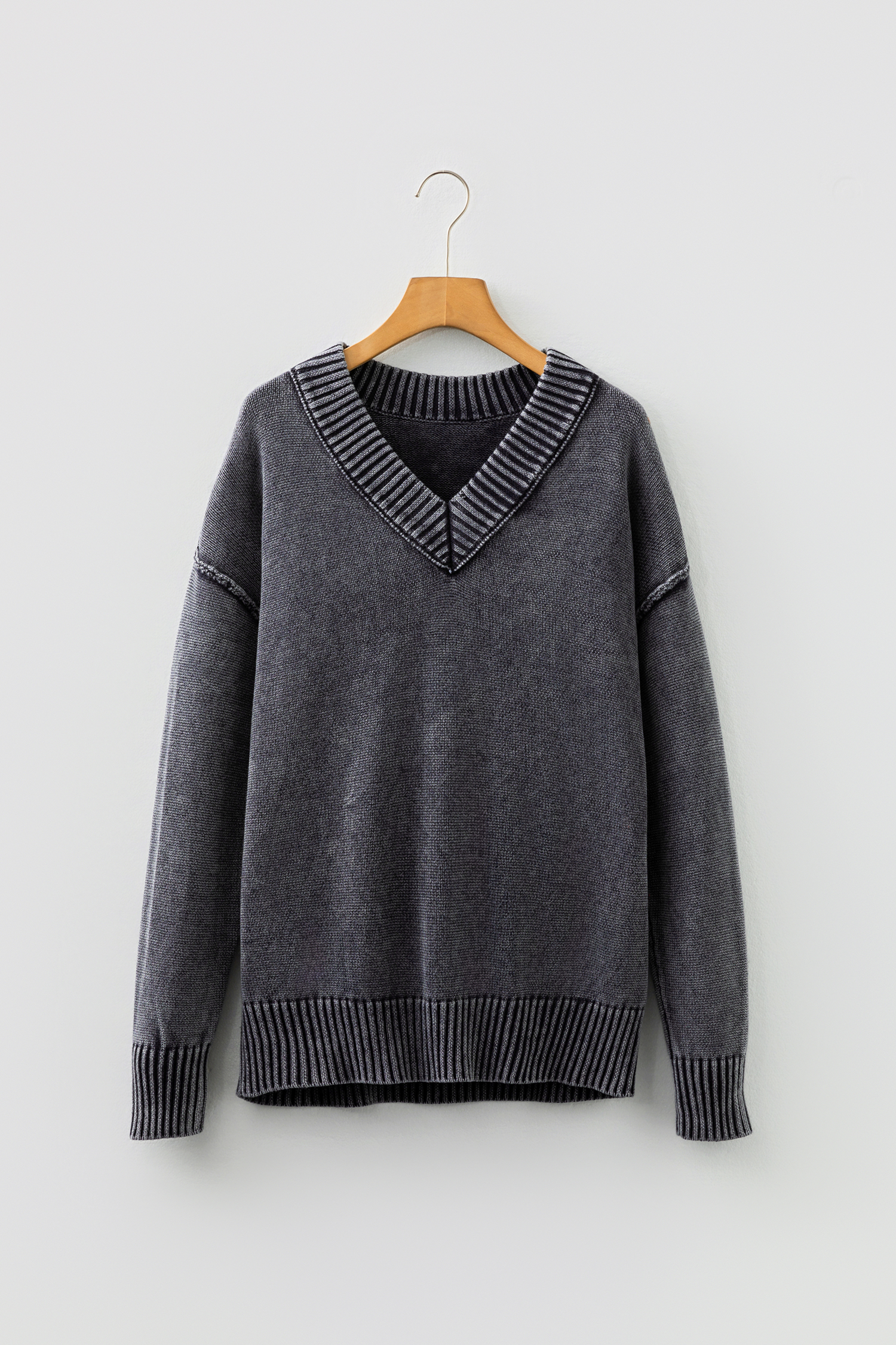 Four Leaf Clover Mineral Wash V Neck Knit Exposed Seam Drop Shoulder Loose Sweater - loveforevers