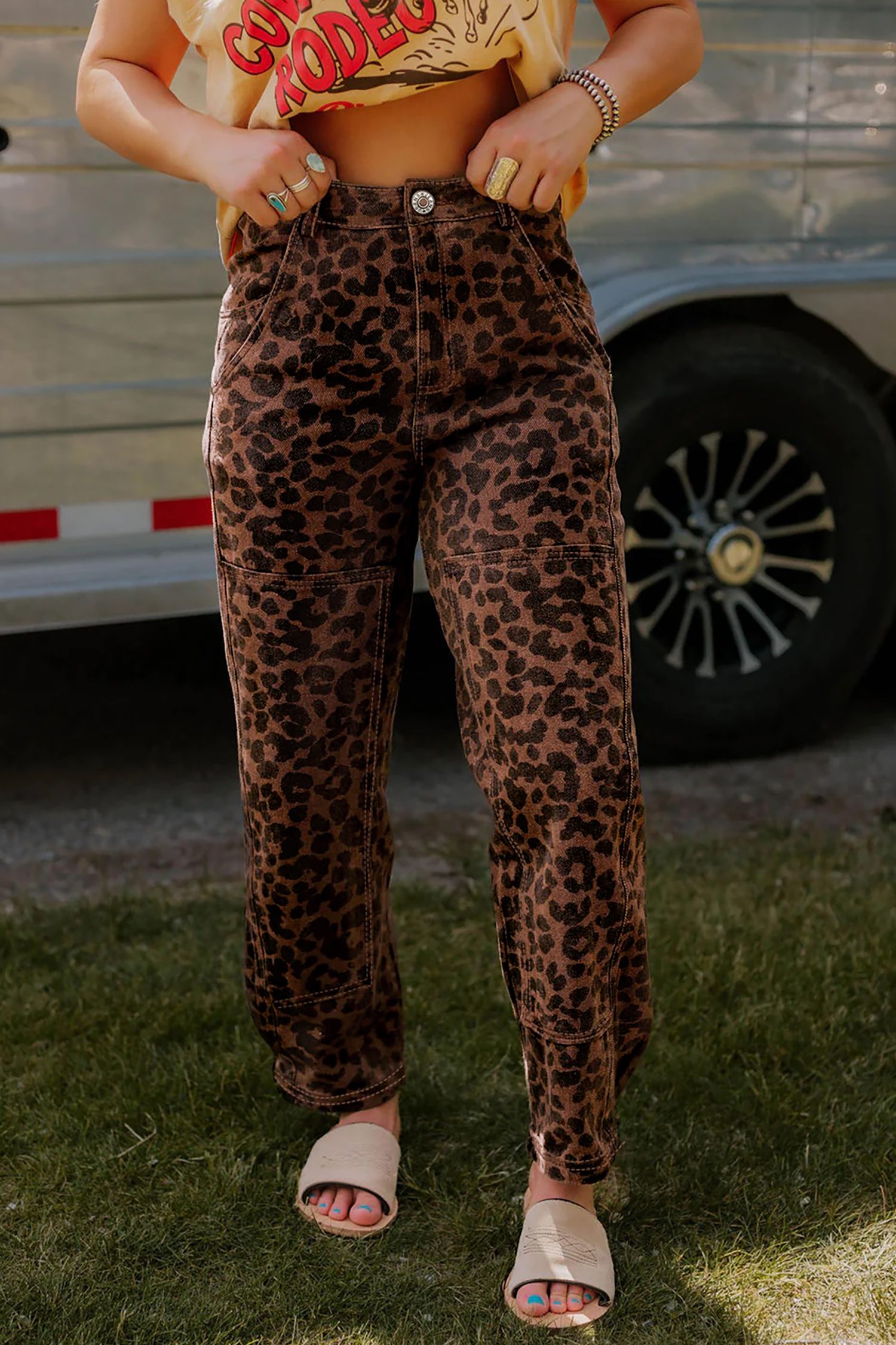 Brown Clear Seam Detail Patchwork Leopard Print Jeans - loveforevers