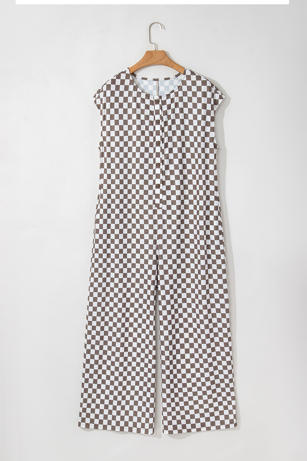 Khaki Checkered Print Buttoned Crew Neck Wide Leg Jumpsuit - loveforevers