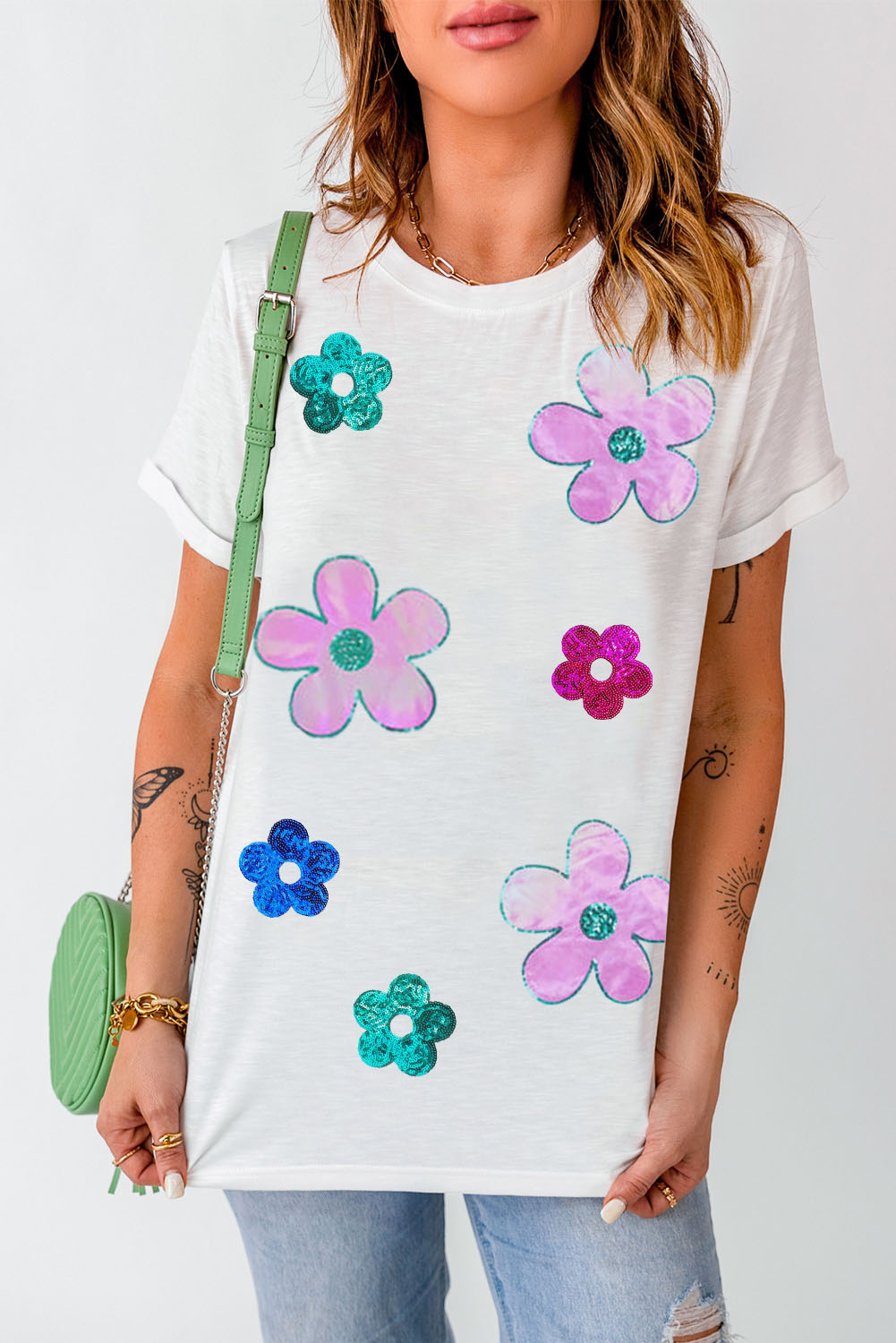 White Sequined Flower Pattern Round Neck T Shirt - loveforevers