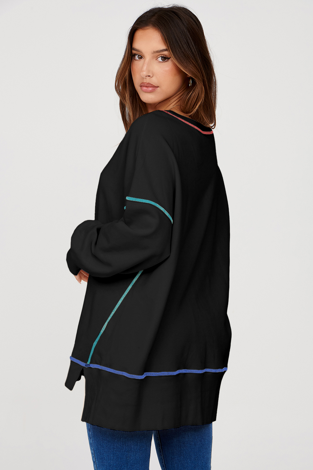 Contrast Stitching Split Baggy Sweatshirt - loveforevers