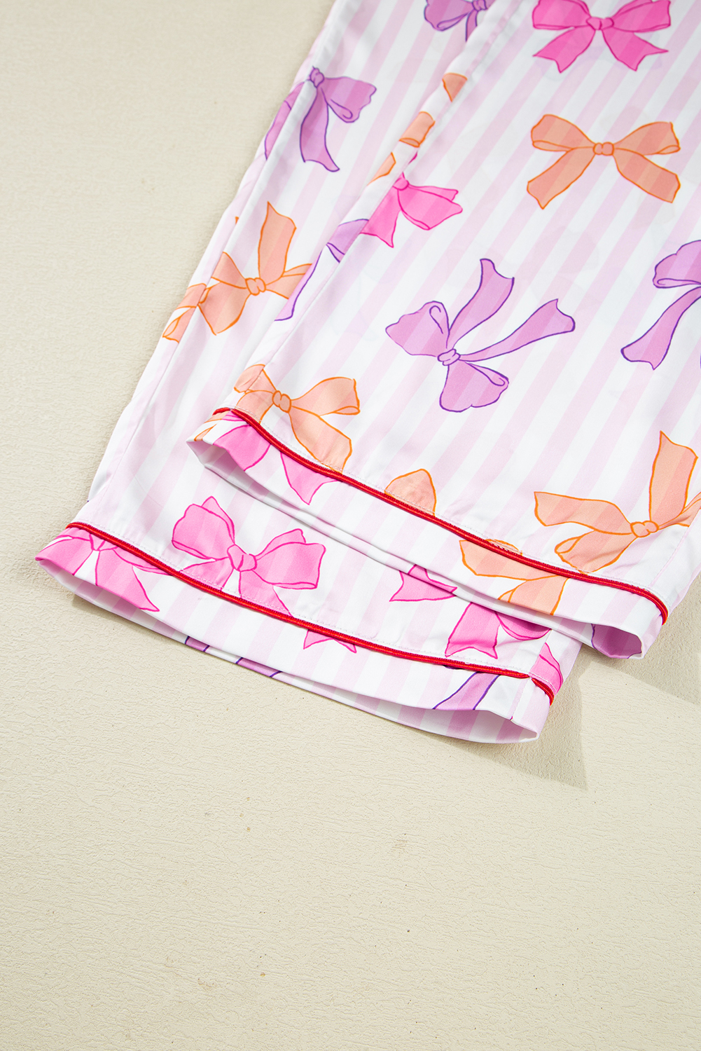 Pink Striped Bow Print Contrast Piping Trim Shirt and Pants 2pcs Pajama Set - loveforevers