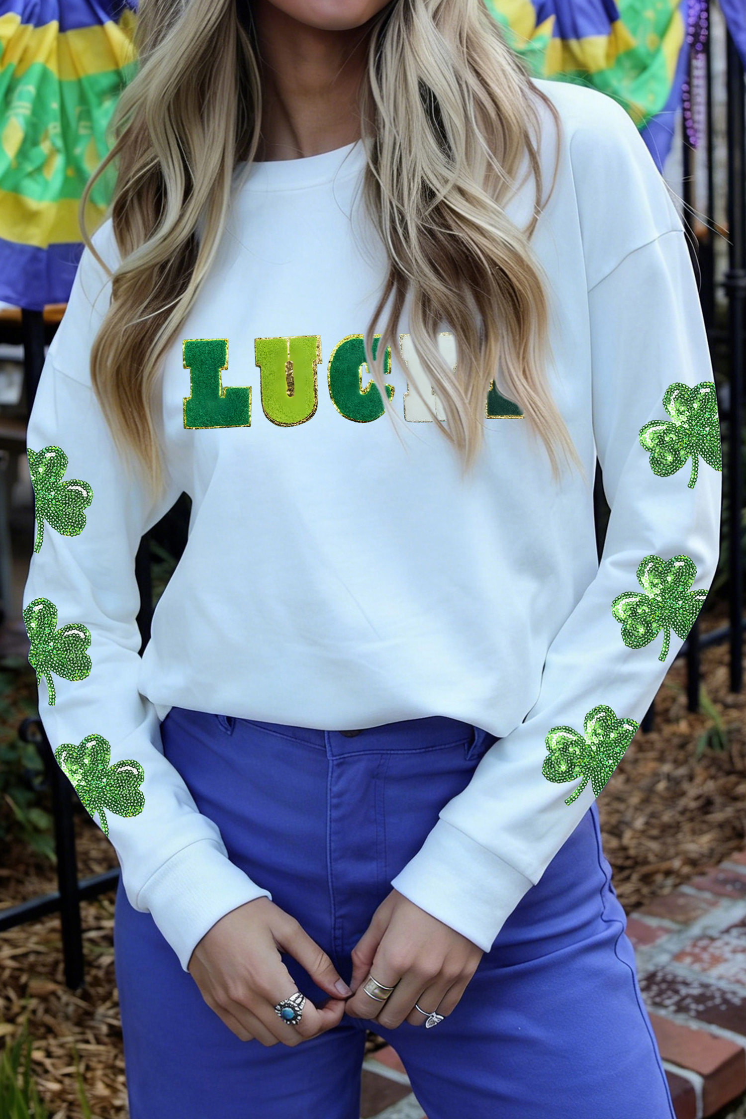 White LUCKY Clover Embroidered Long Sleeve Top - loveforevers