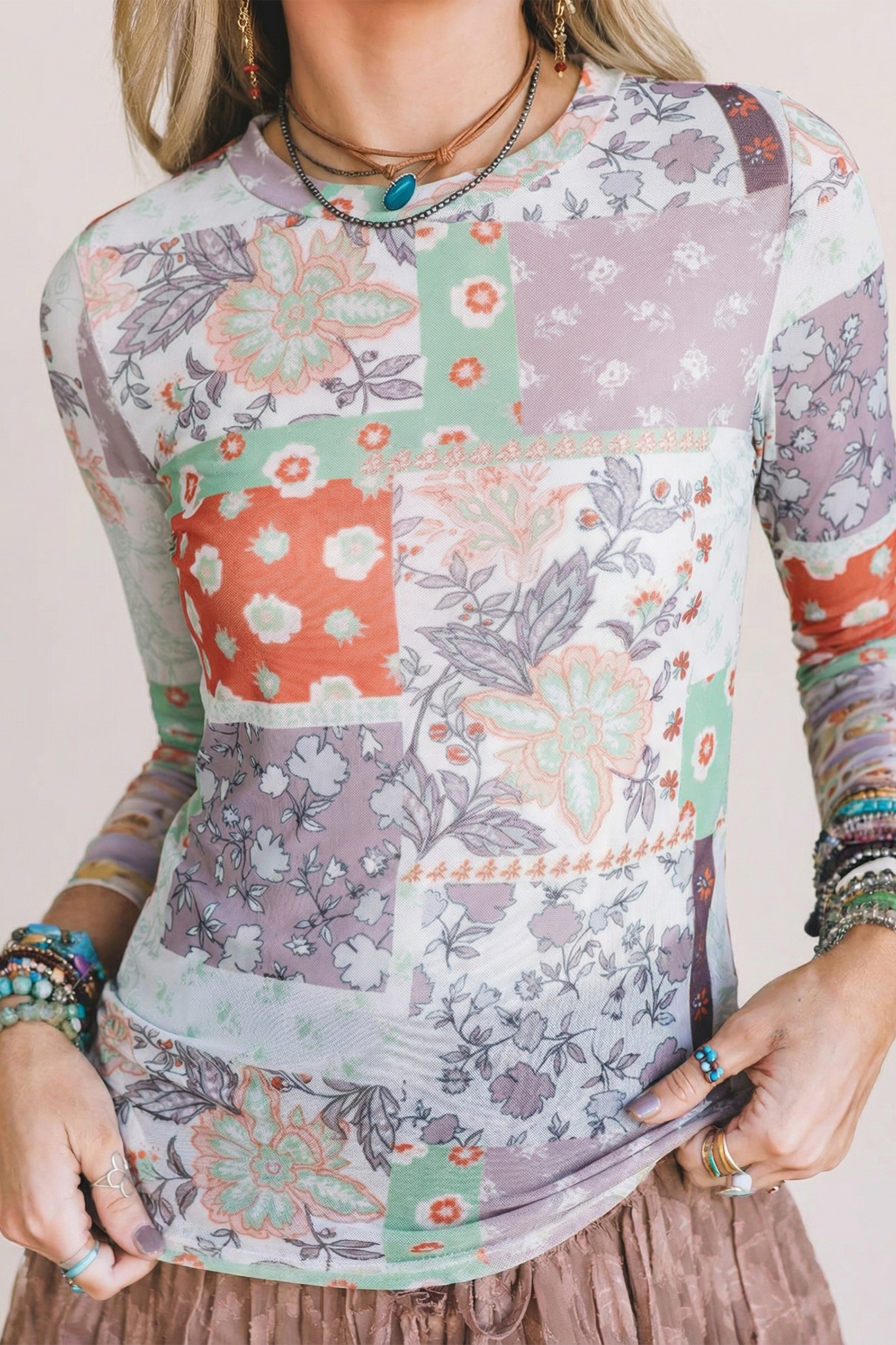 Khaki Mixed Floral Print Patchwork Mock Neck Mesh Top - loveforevers