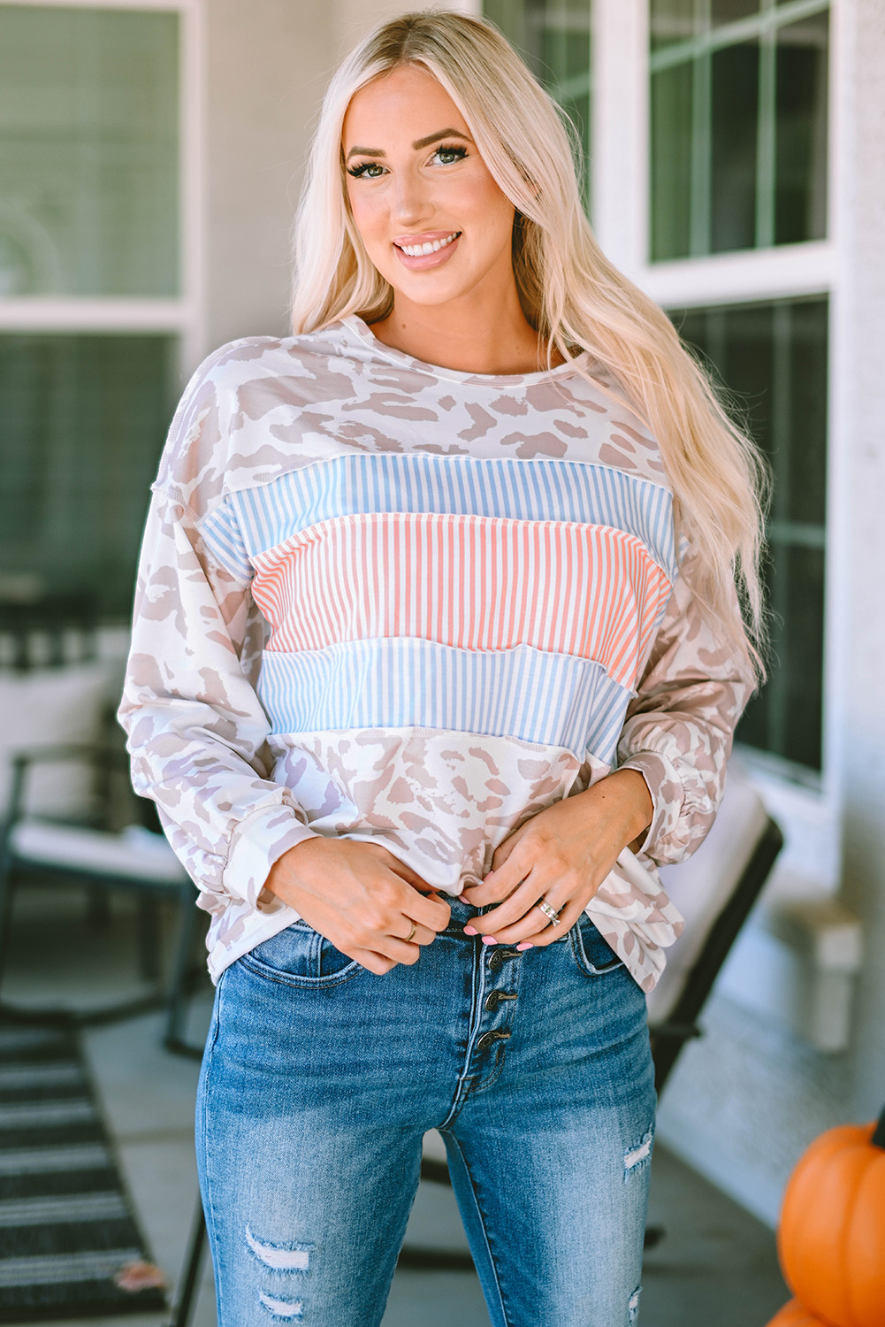 Leopard Animal Print Contrast Stripes Patchwork Puff Sleeve Knit Top - loveforevers