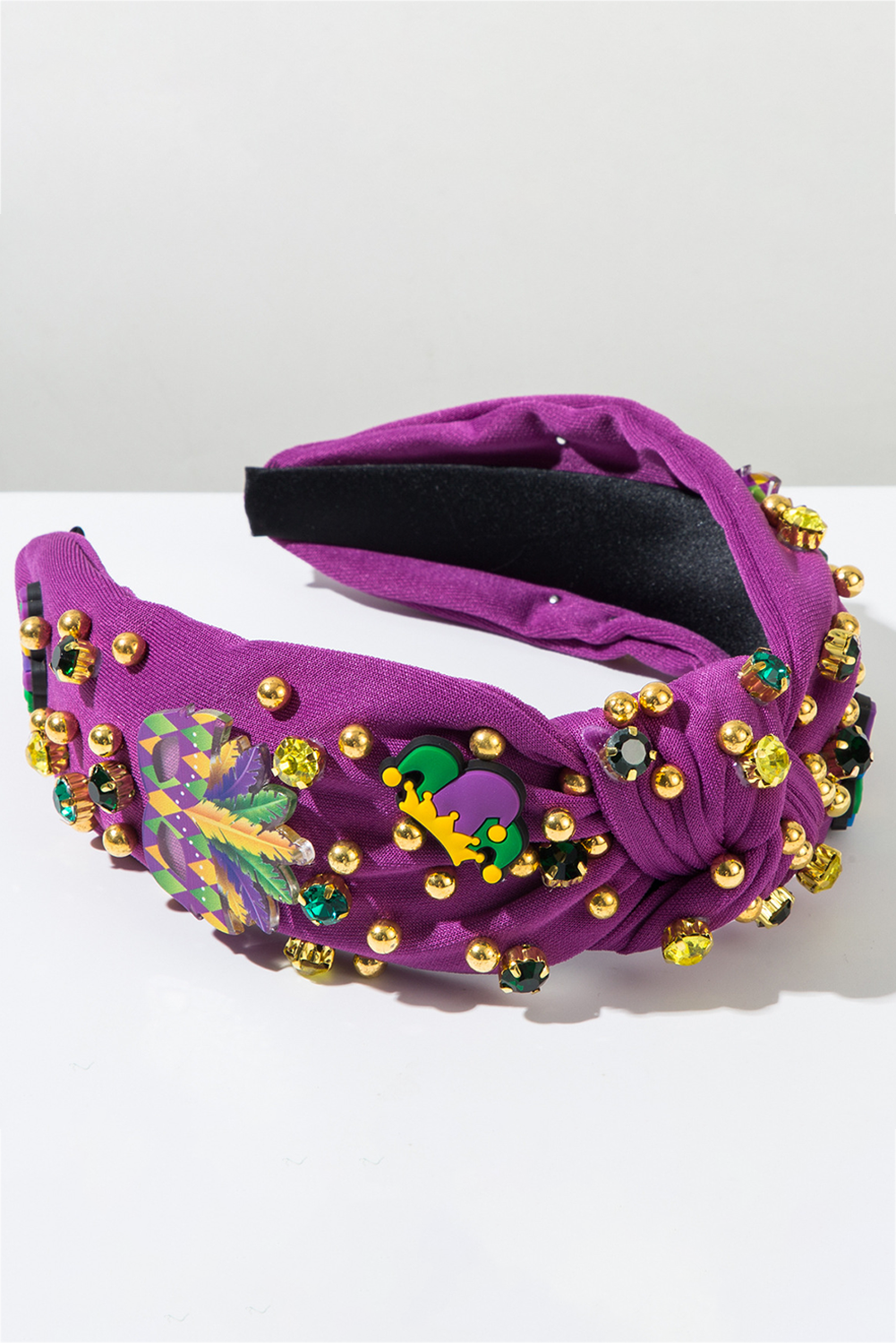 Tillandsia Purple Mardi Gras Rhinestone Beaded Knotted Wide Headband - loveforevers