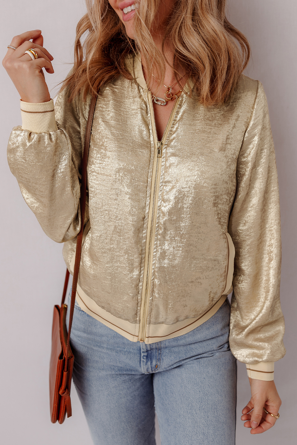 Pale Khaki Metallic Zip up Baseball Jacket - loveforevers