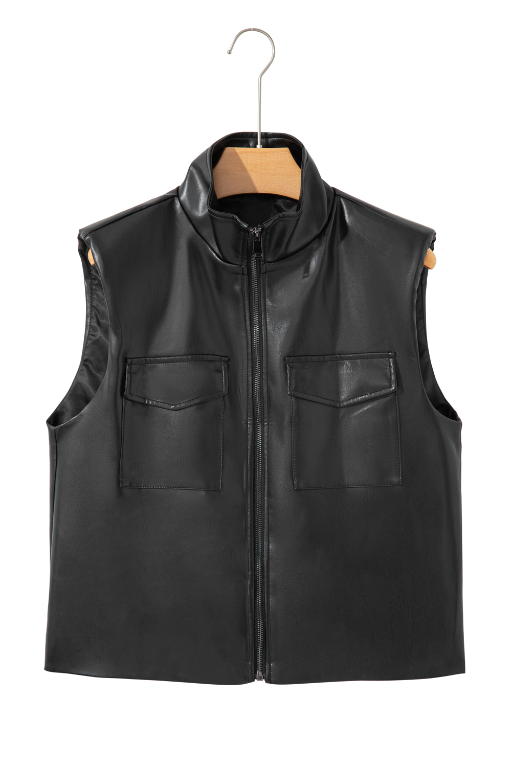 Black Double Flap Pocket Faux Leather Zip Up Stand Neck Vest - loveforevers