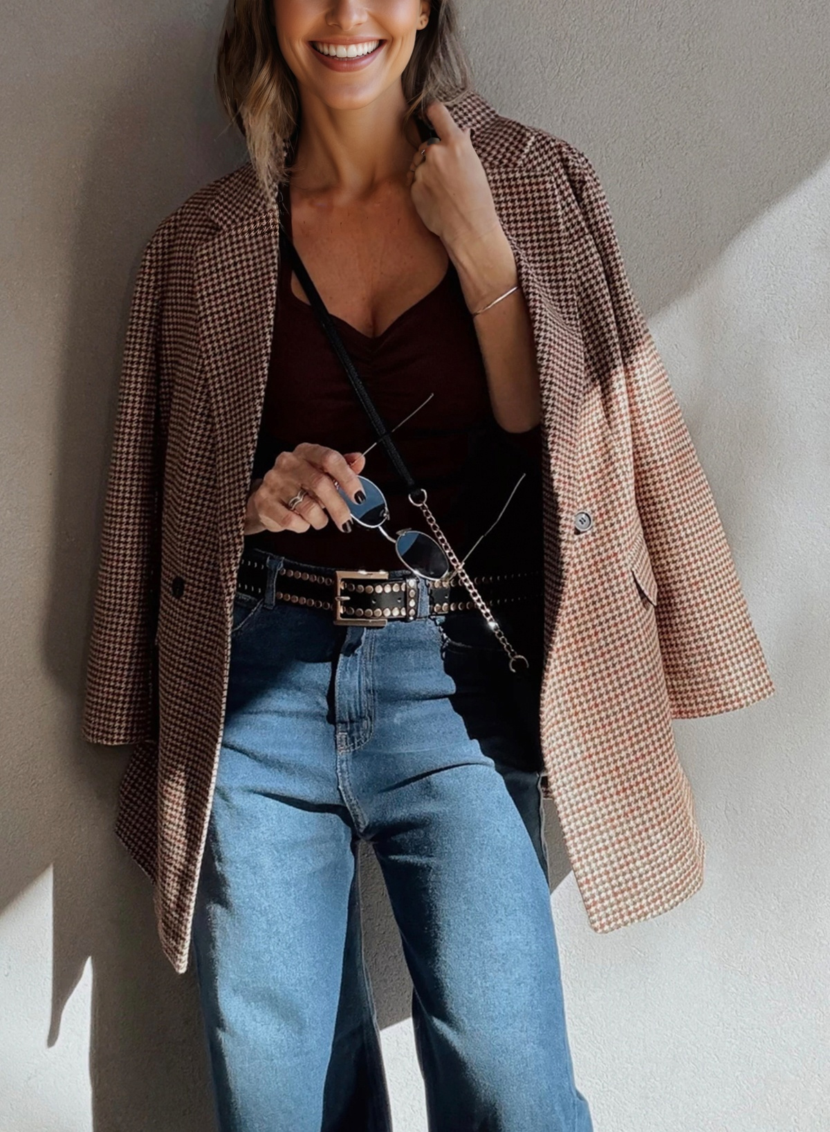 Brown Houndstooth Lapel Collar Blazer - loveforevers