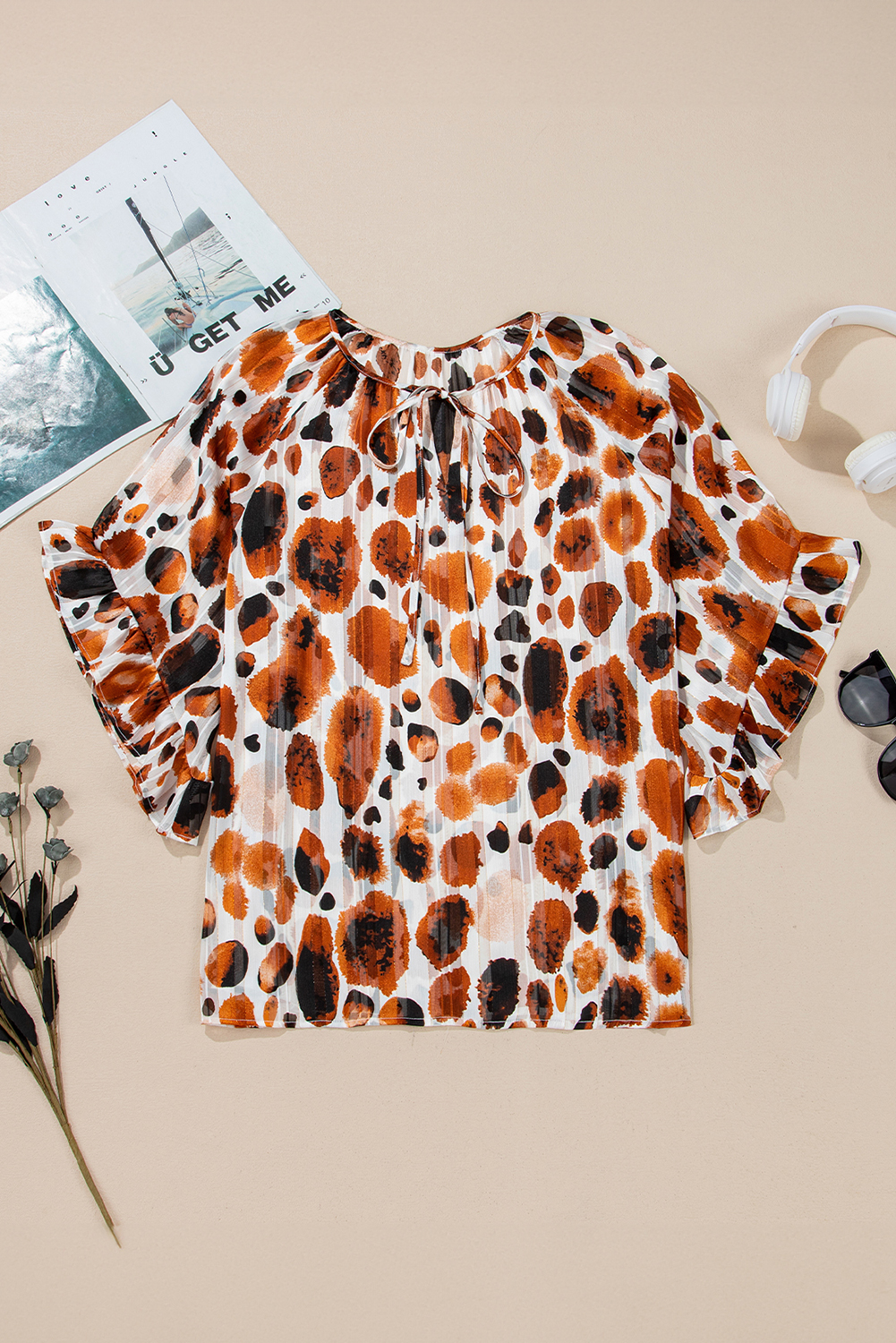 Brown Metallic Threading Accents Pleated Abstract Printed Ruffled 3/4 Sleeve Blouse - loveforevers