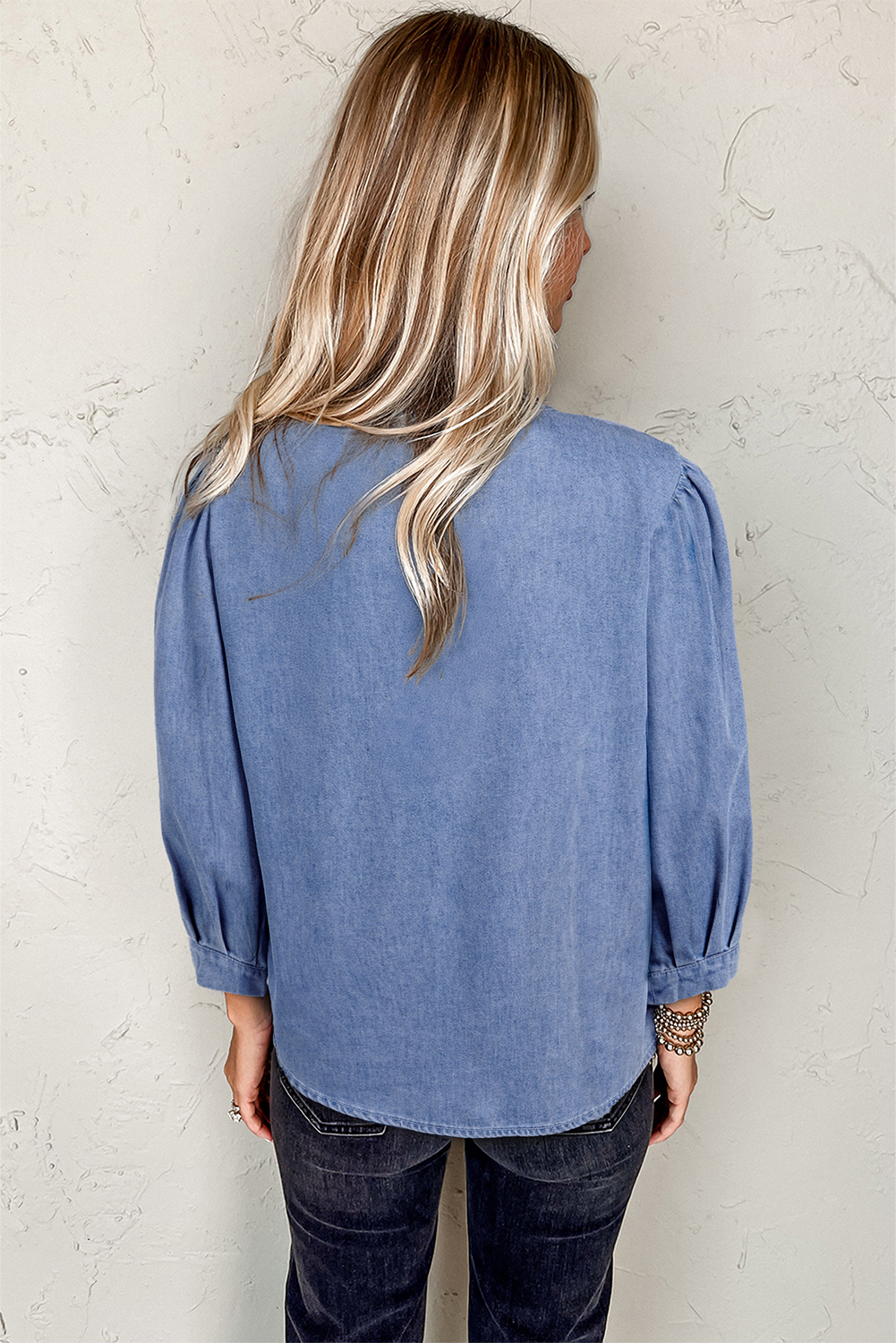 Myosotis Denim Front Pintuck Bow Tie Puff Sleeve Top - loveforevers