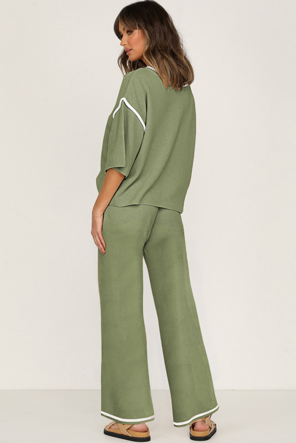 Blackish Green Contrast Trim Half Sleeve Top Drawstring Pants Loose 2pcs Sweater Suit - loveforevers