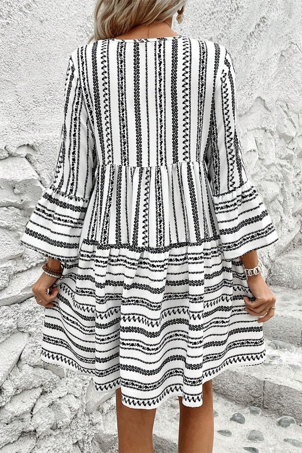 Black Stripe V Neck Bell Sleeve High Waist Mini Dress - loveforevers