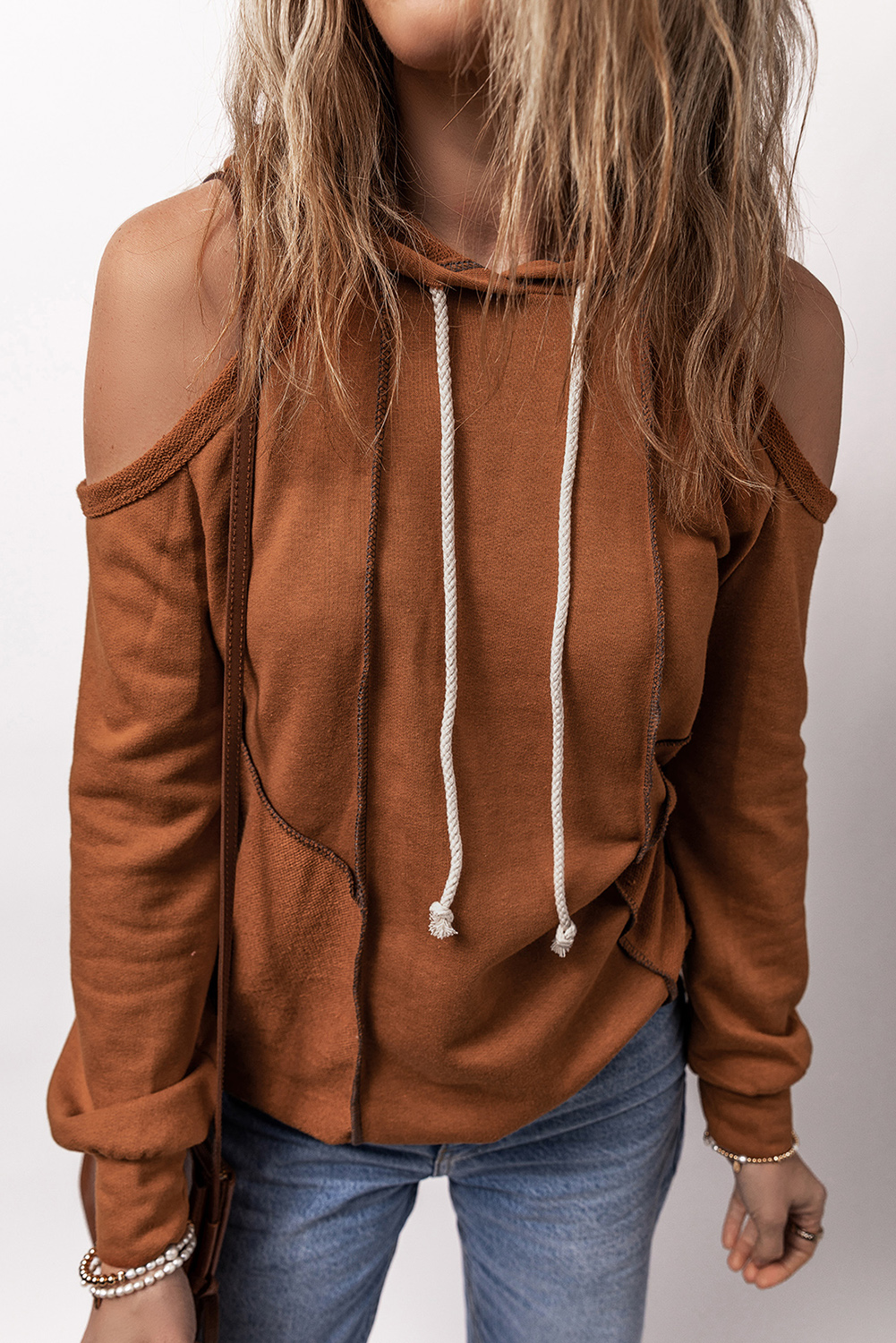 Cinnamon Exposed Seam Cold Shoulder Drawstring Hoodie - loveforevers