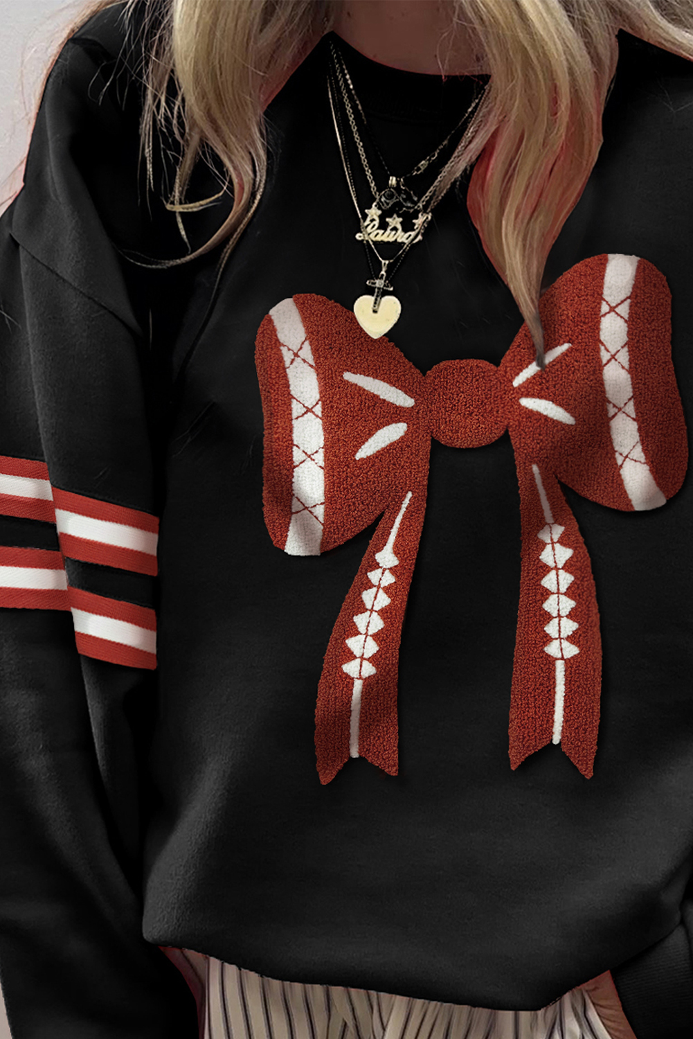 Black Varsity Baseball Bow Graphic Striped Sleeve Baggy Sweatshirt - loveforevers