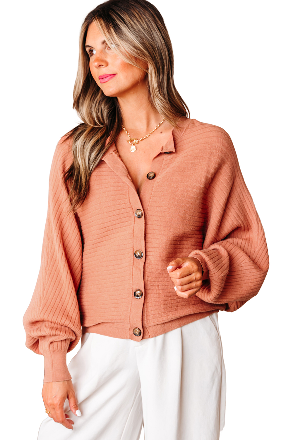 Apricot Pink Wide Rib Knit Button Front Dolman Sleeve Sweater Cardigan - loveforevers