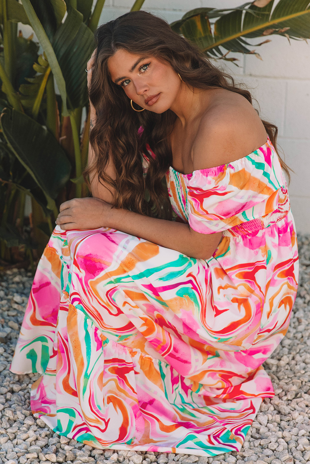 Pink Abstract Print Ruffled Sleeve Smocked Bust Maxi Dress - loveforevers